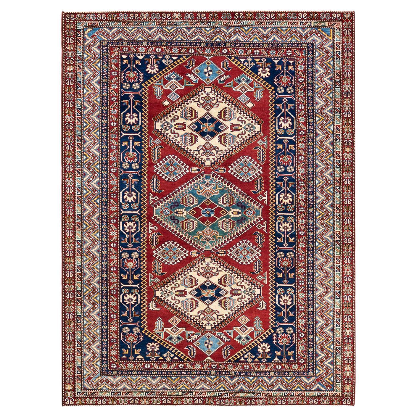 One-of-a-kind Hand Knotted Wool Tribal Red Area Rug For Sale