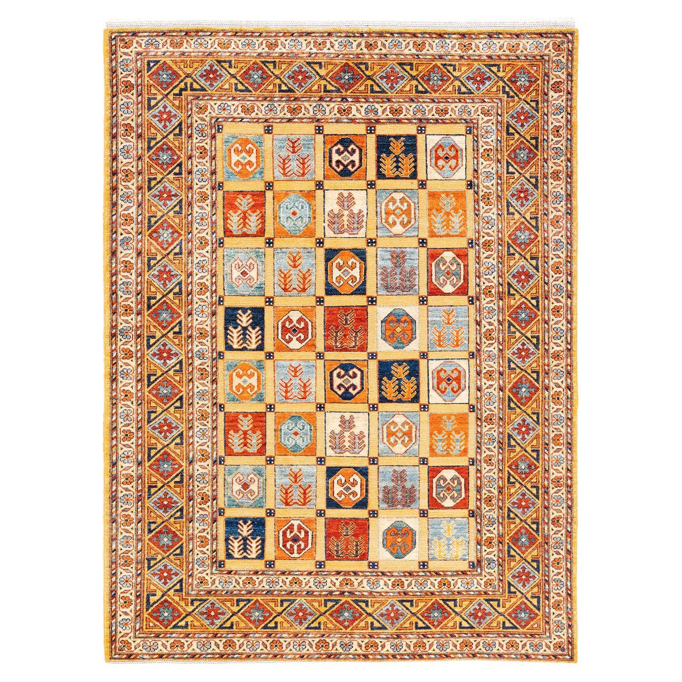 One-of-a-kind Hand Knotted Wool Tribal Yellow Area Rug For Sale