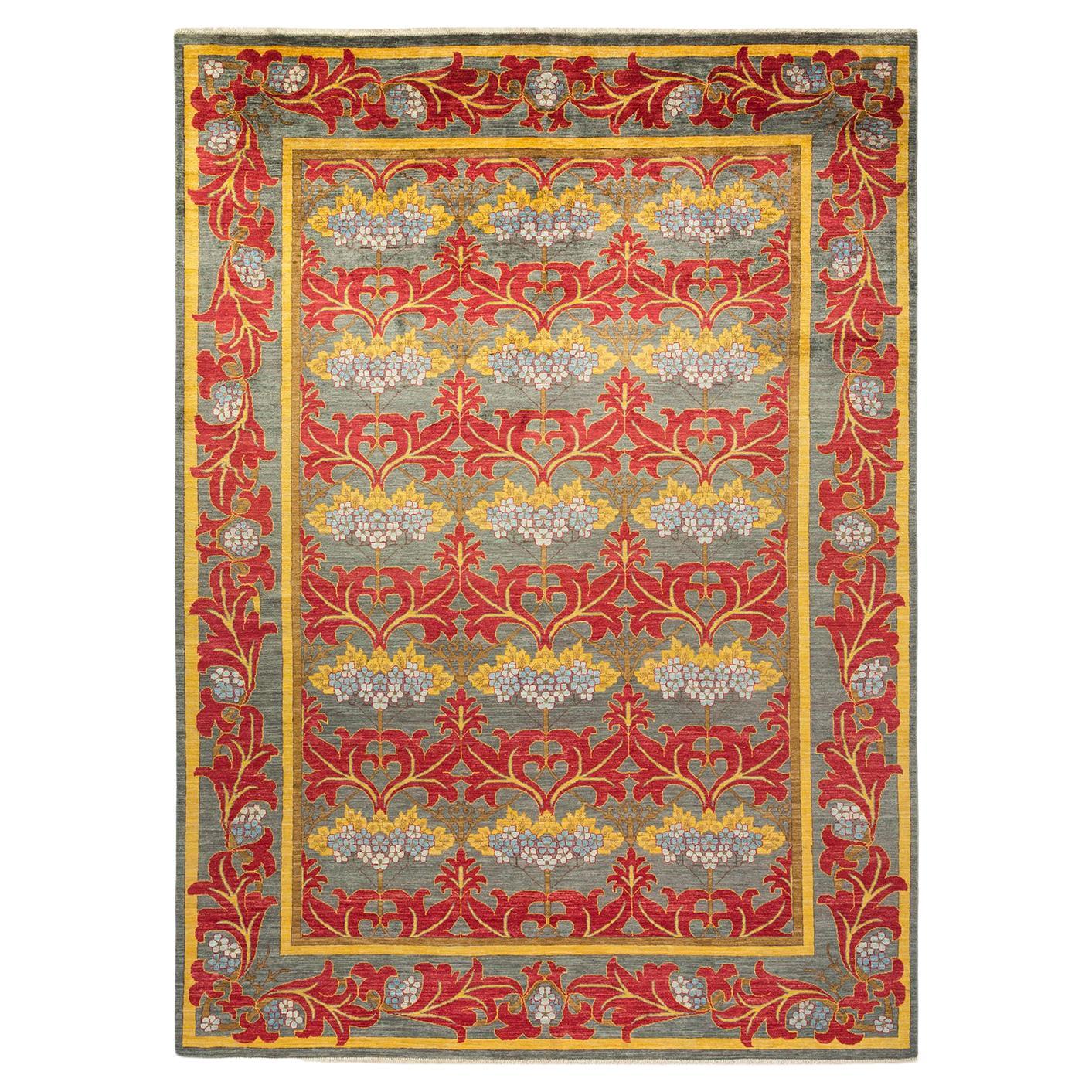 Tapis gris Arts & Crafts contemporain fait main unique en son genre