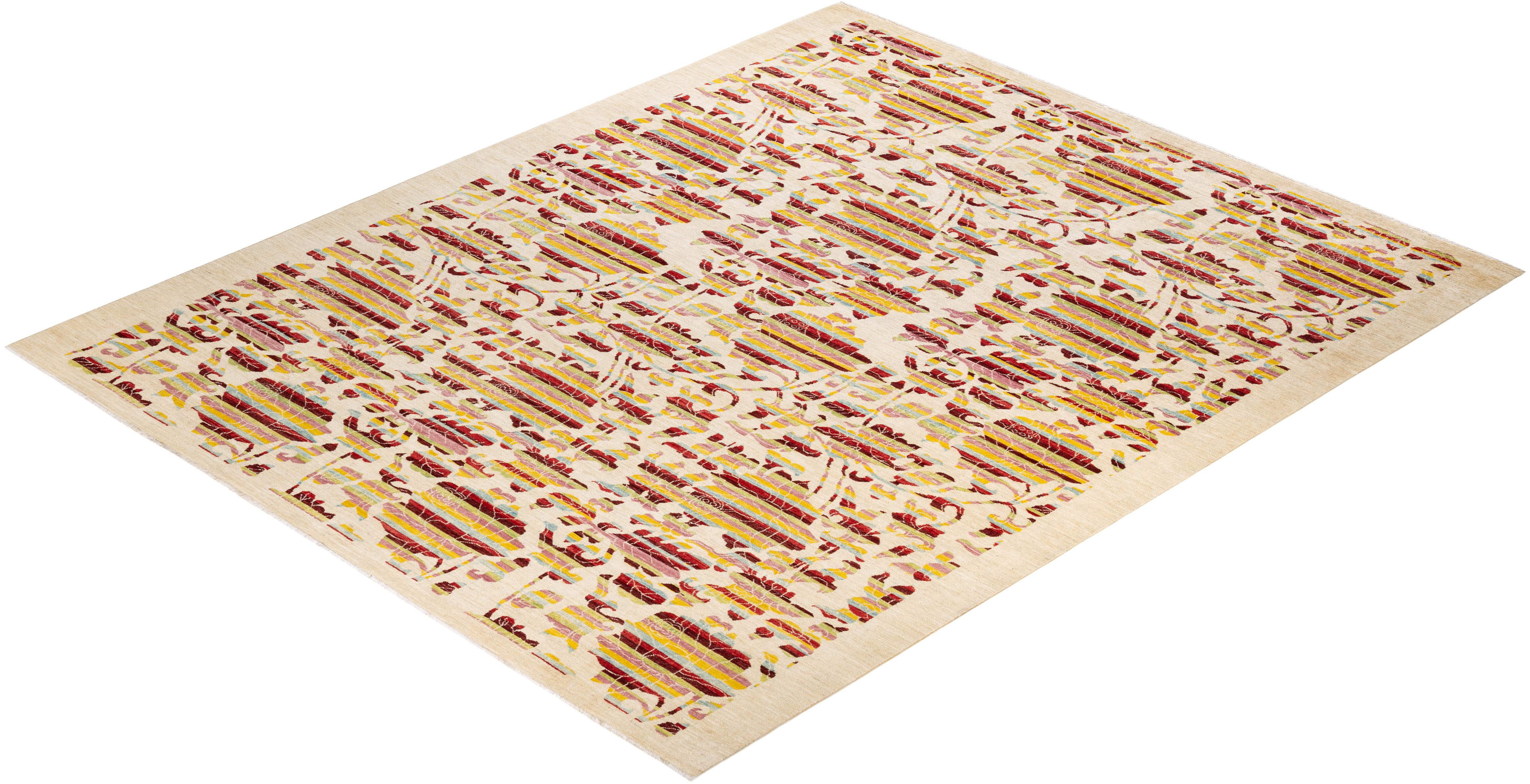 Hand-Knotted One-of-a-kind Hand Made Contemporary Arts & Crafts Ivory Area Rug For Sale