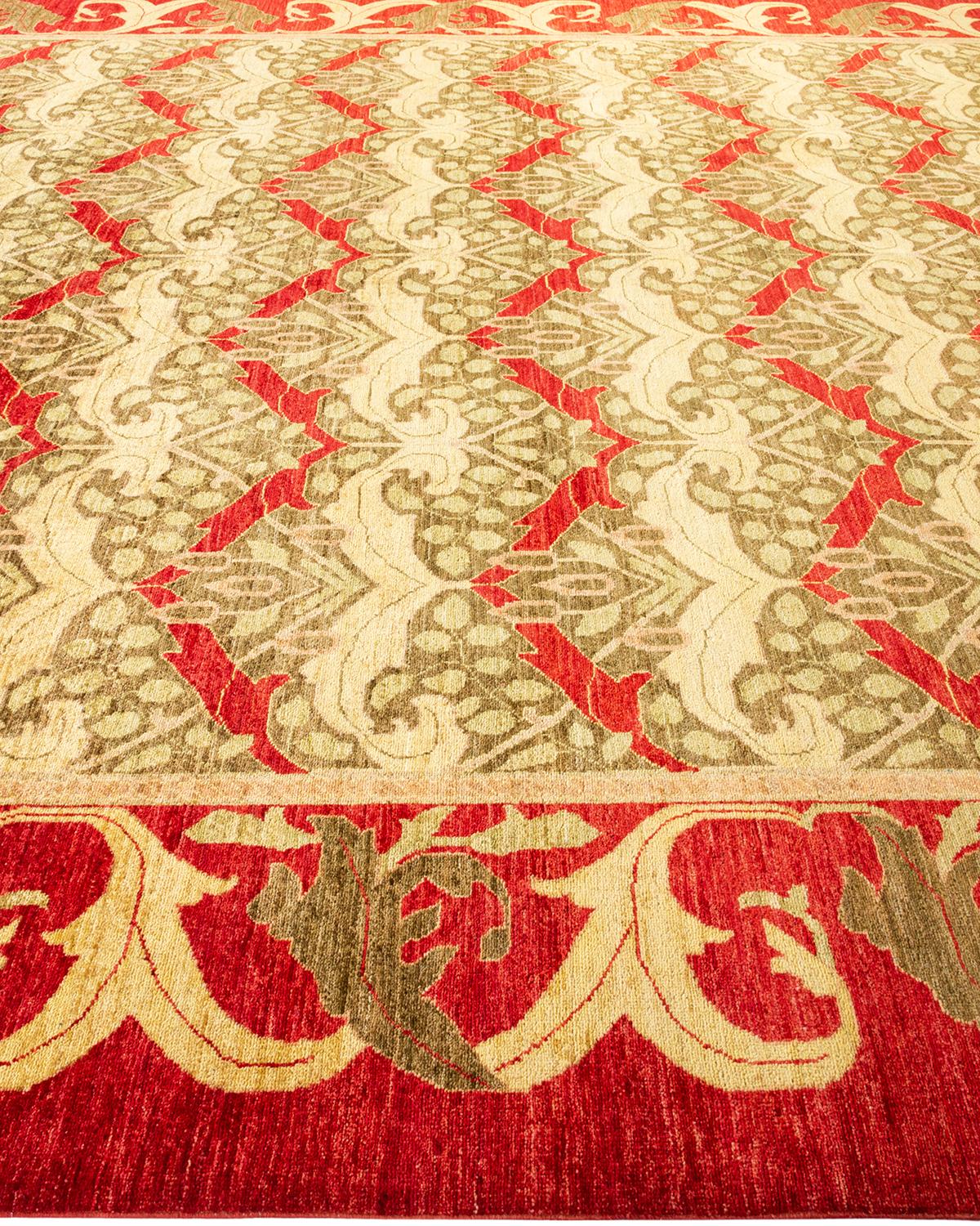 One-Of-A-Kind Hand Made Contemporary Arts & Crafts Red Area Rug In New Condition For Sale In Norwalk, CT