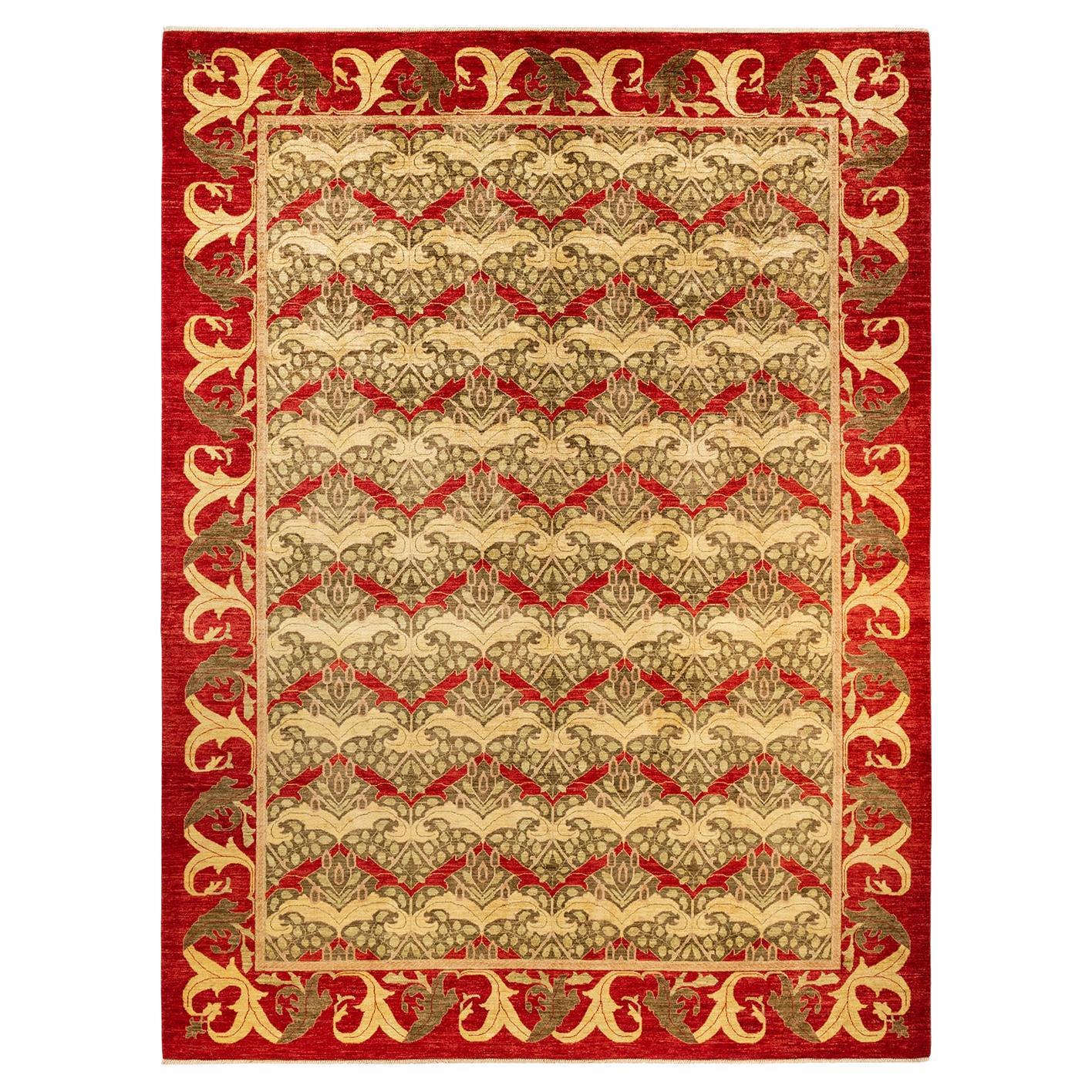 One-Of-A-Kind Hand Made Contemporary Arts & Crafts Red Area Rug For Sale