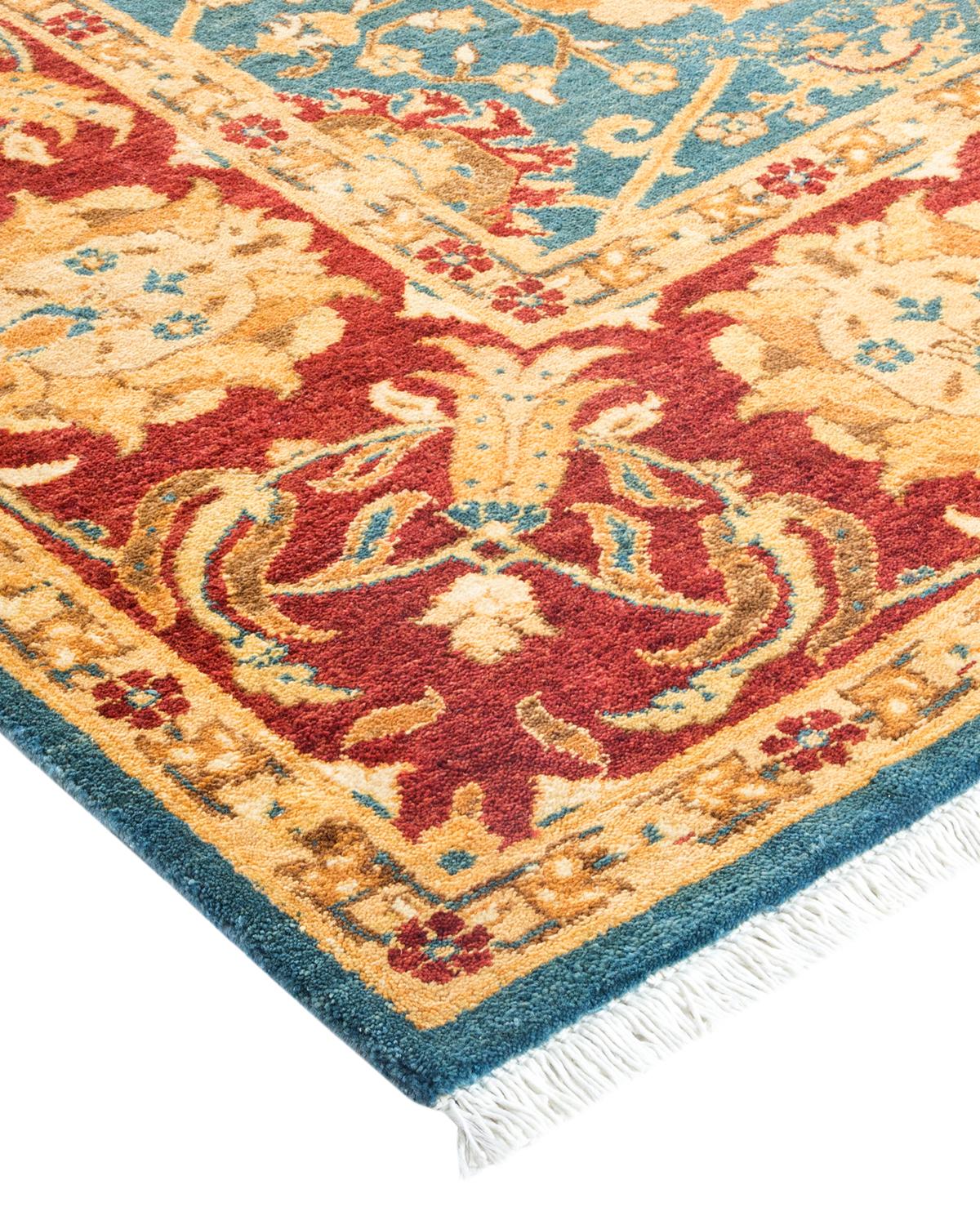 Laine Tapis bleu contemporain éclectique fait à la main, unique en son genre en vente