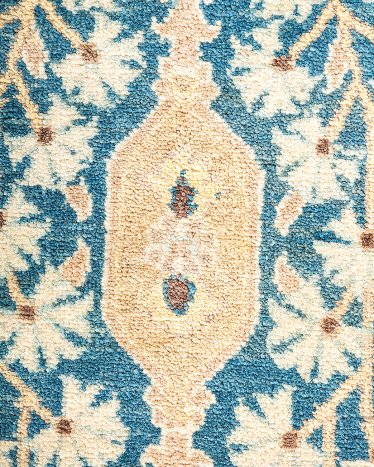 Wool One-Of-A-Kind Hand Made Contemporary Eclectic Blue Area Rug For Sale