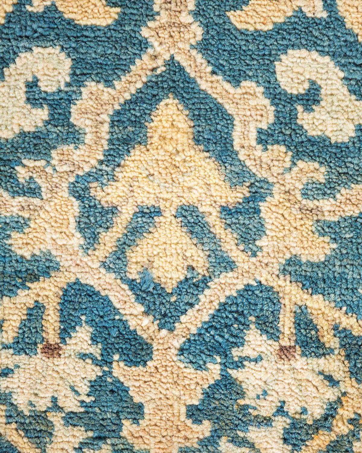 Wool One-Of-A-Kind Hand Made Contemporary Eclectic Blue Area Rug For Sale