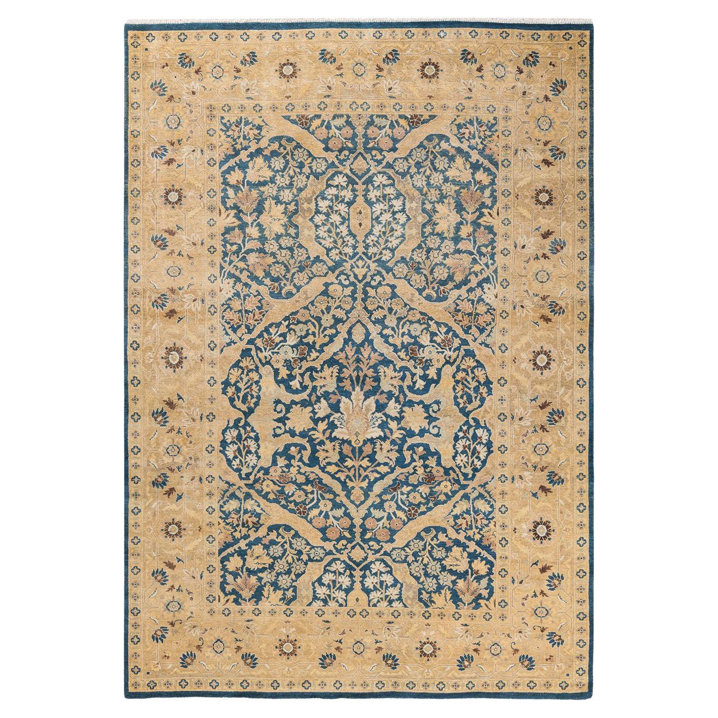 One-Of-A-Kind Hand Made Contemporary Eclectic Blue Area Rug For Sale