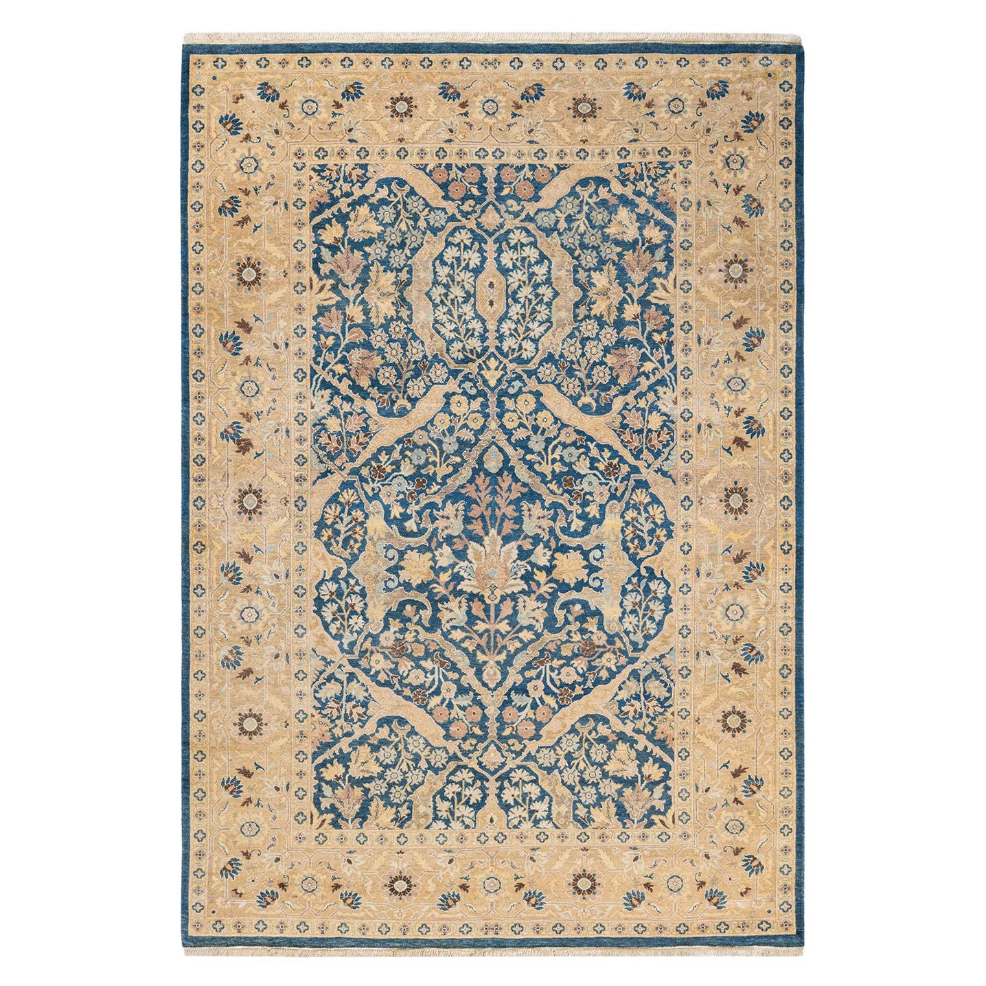 Tapis bleu contemporain éclectique fait à la main, unique en son genre