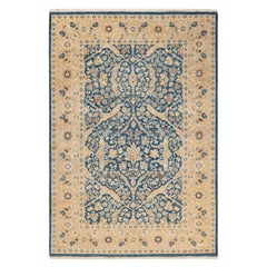 Tapis bleu contemporain éclectique fait à la main, unique en son genre