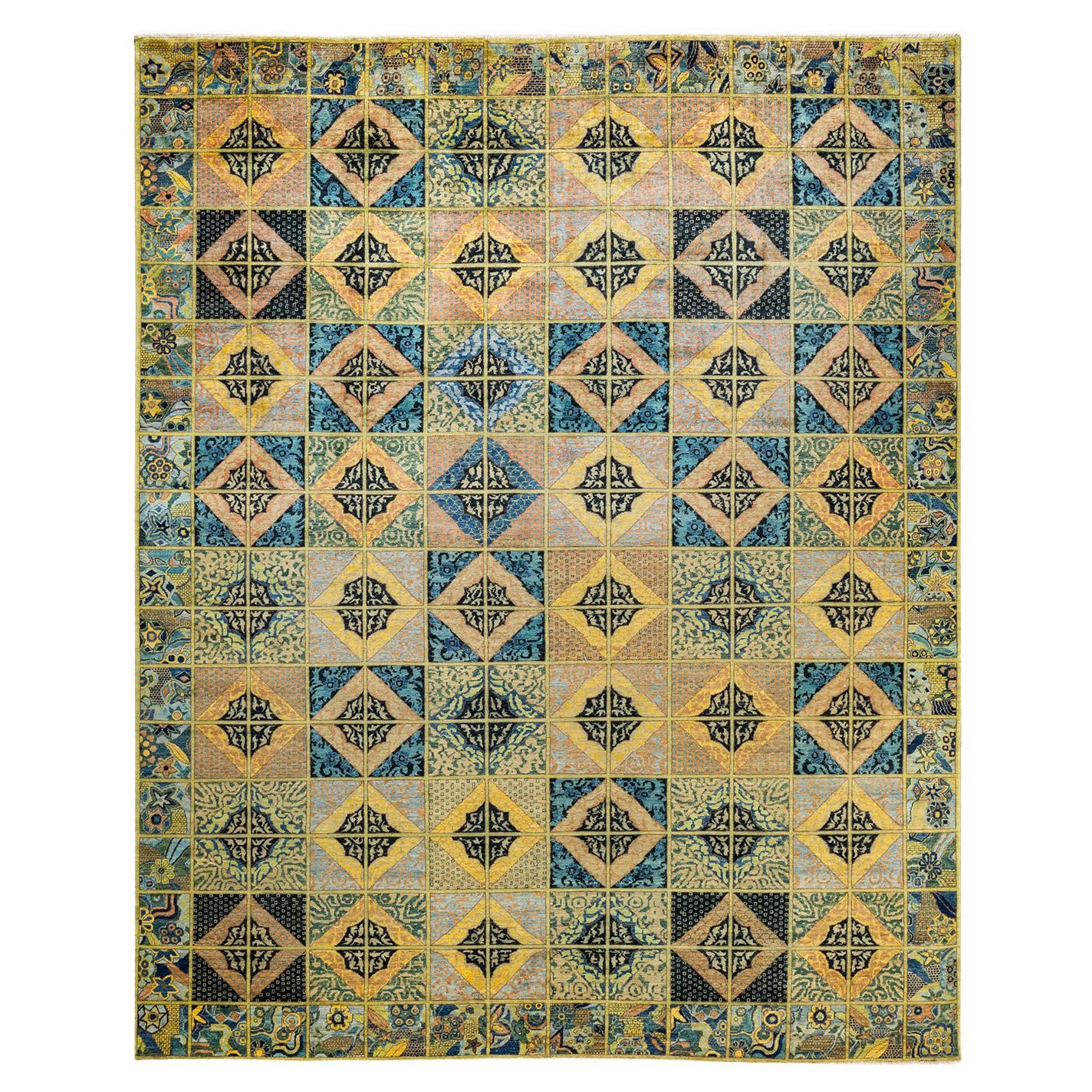 One-of-a-kind Hand Made Contemporary Eclectic Green Area Rug For Sale