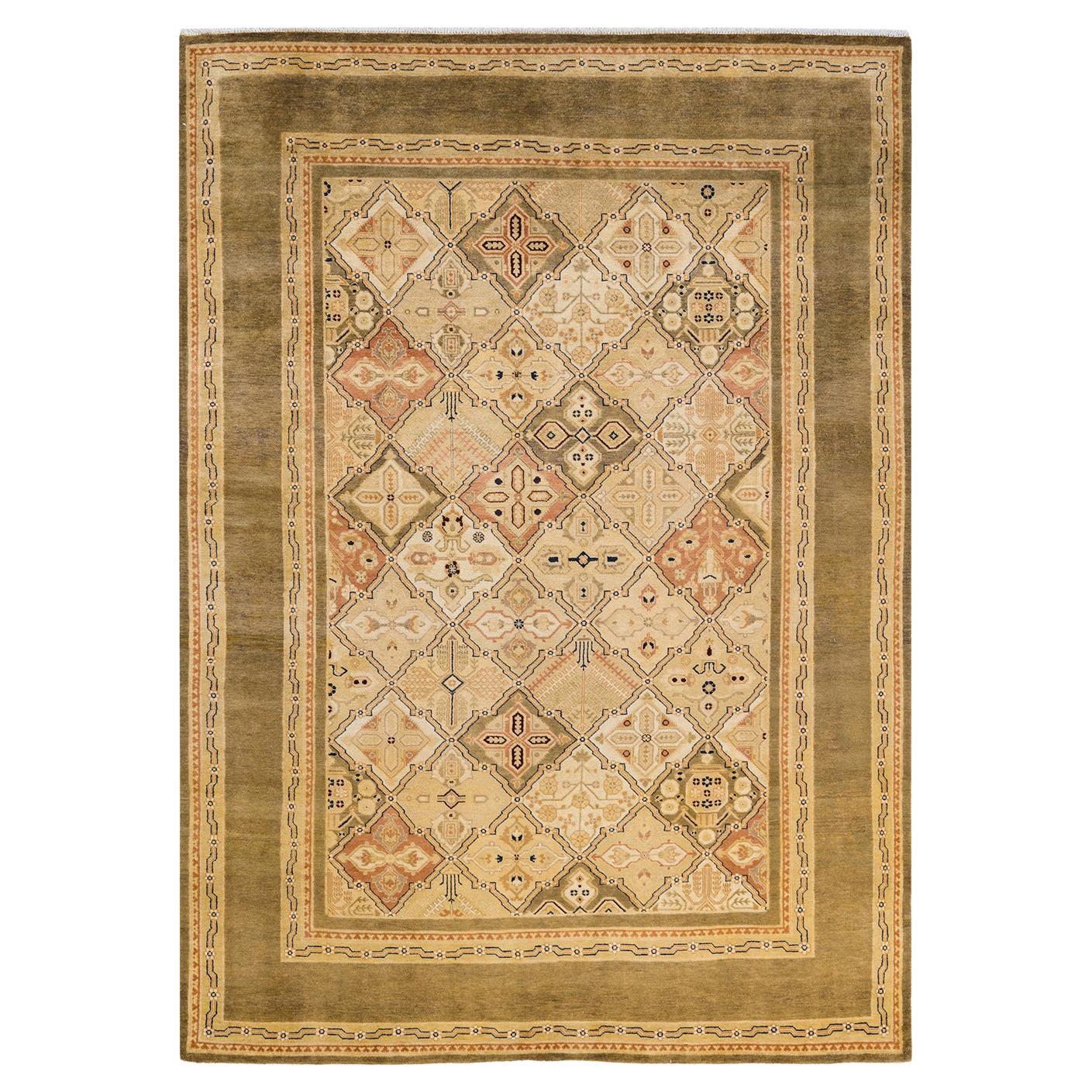 One-Of-A-Kind Hand Made Contemporary Eclectic Green Area Rug For Sale