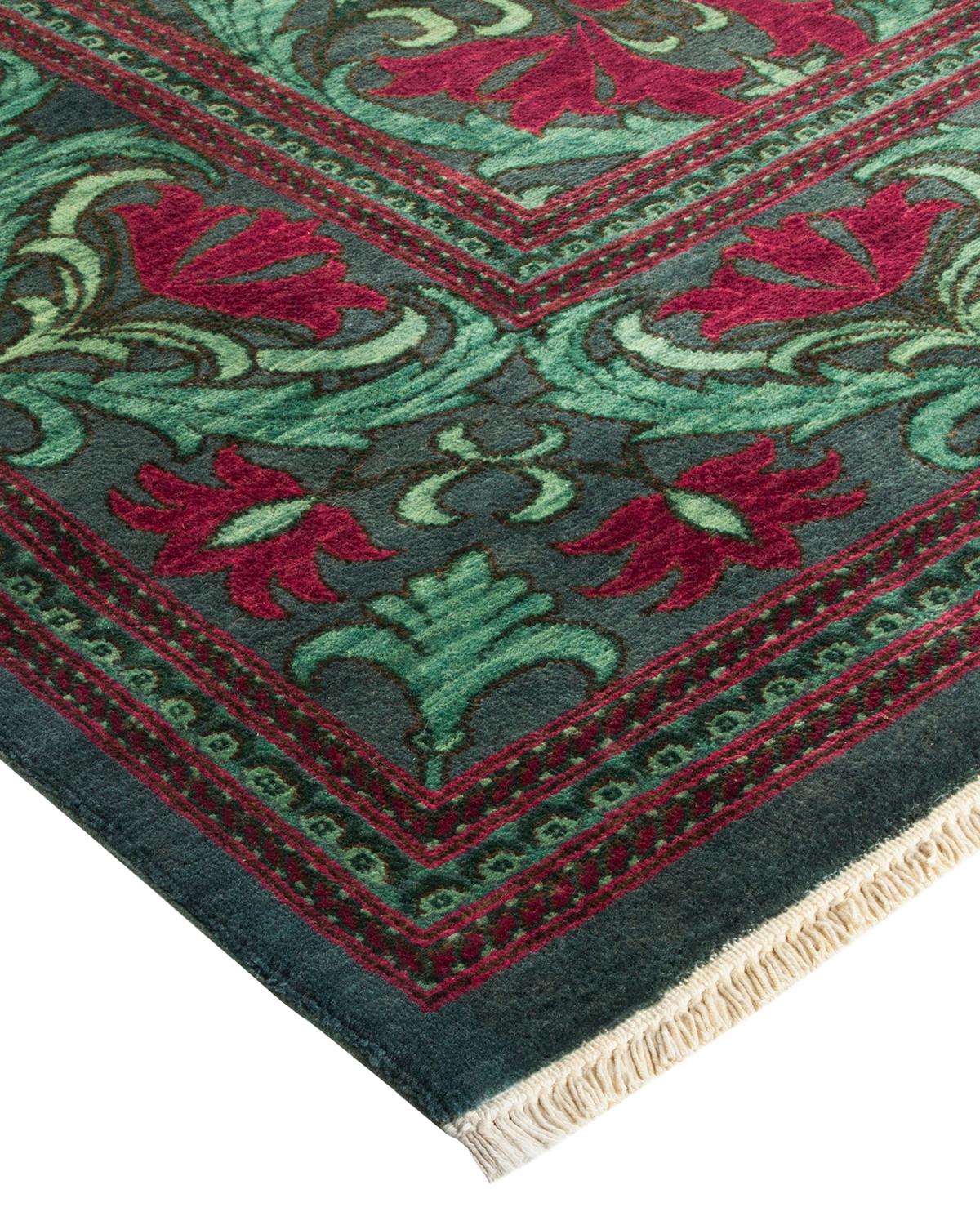 One-Of-A-Kind Hand Made Contemporary Eclectic Green Area Rug For Sale 1