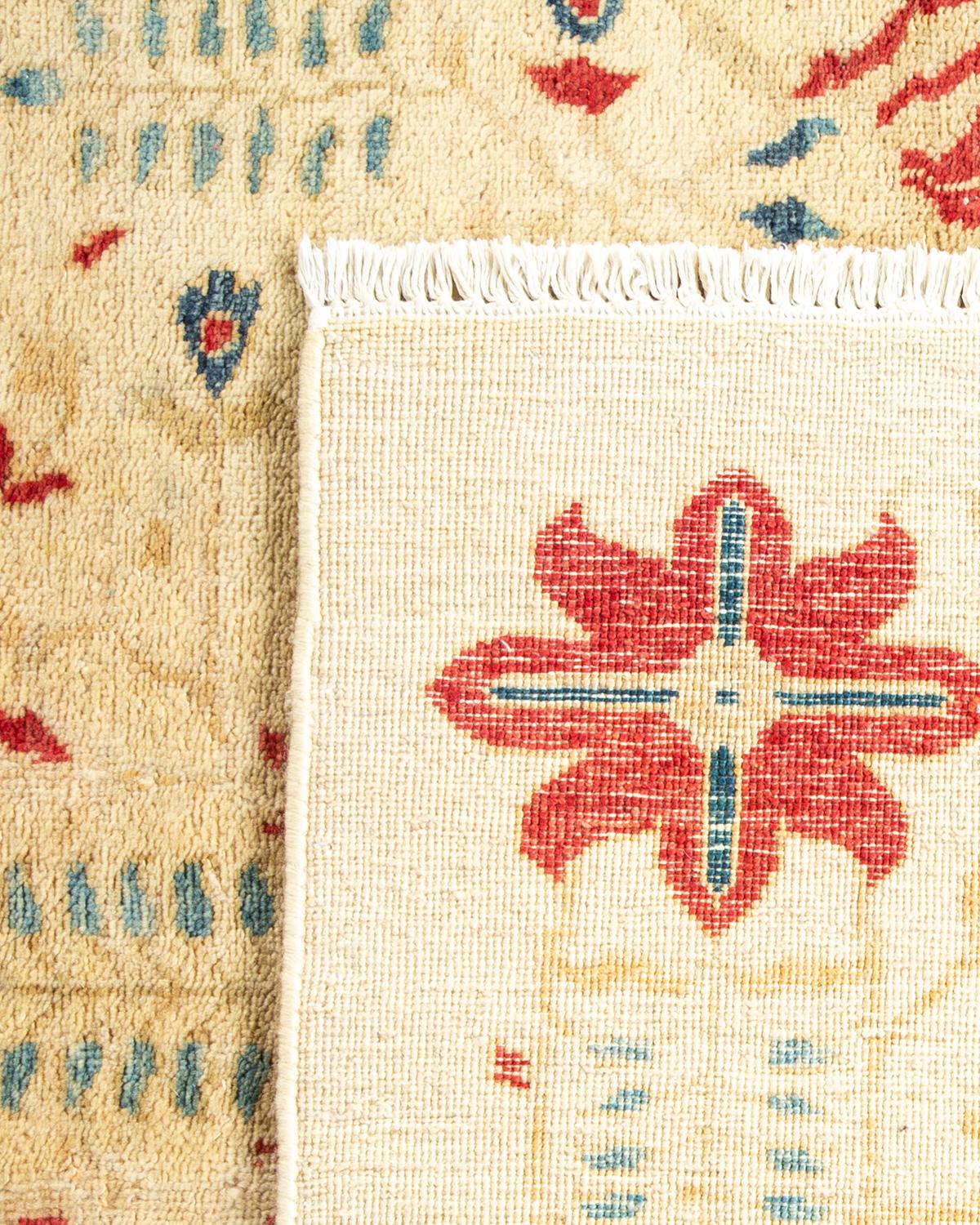 Hand-Knotted One-Of-A-Kind Hand Made Contemporary Eclectic Ivory Area Rug