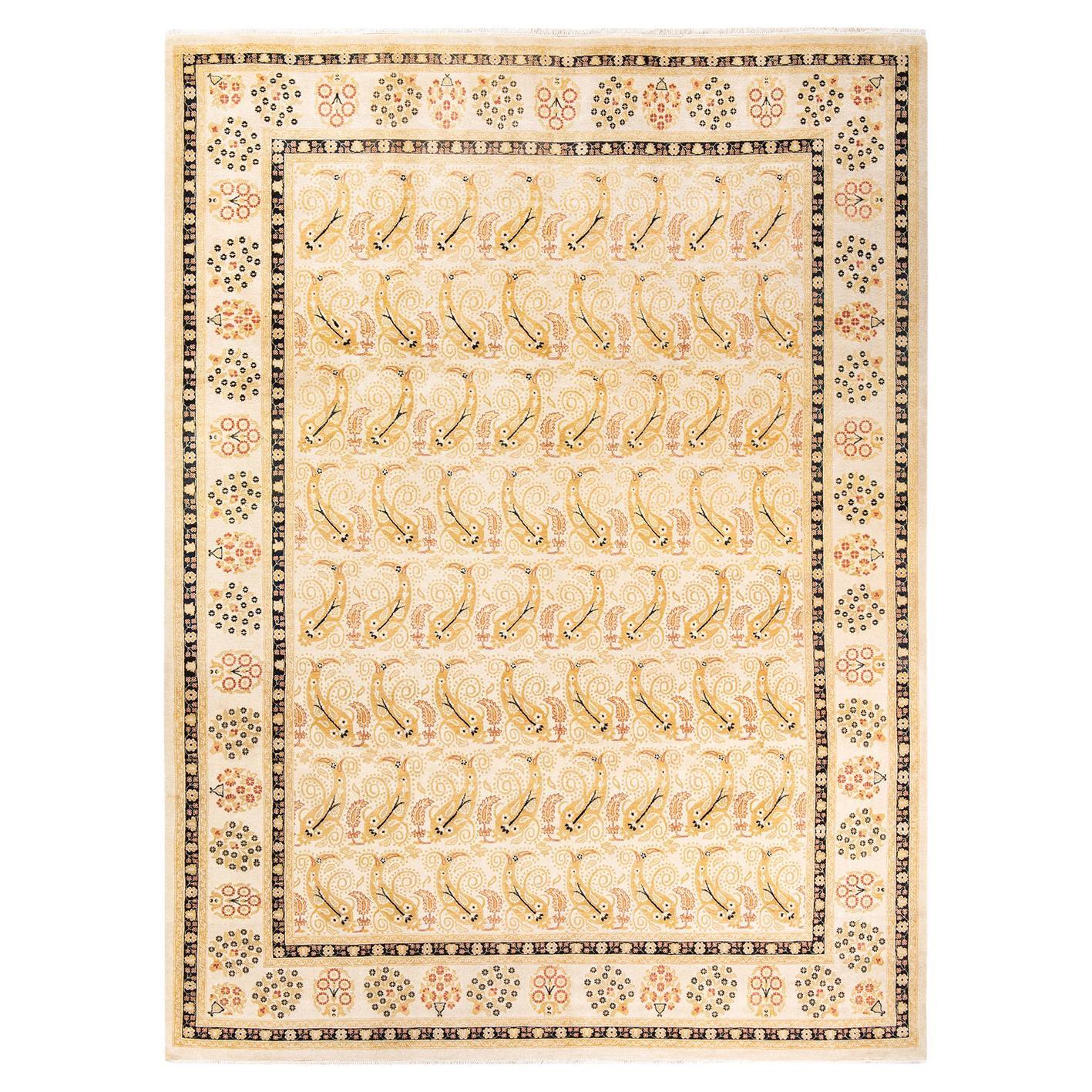 One-Of-A-Kind Hand Made Contemporary Eclectic Ivory Area Rug