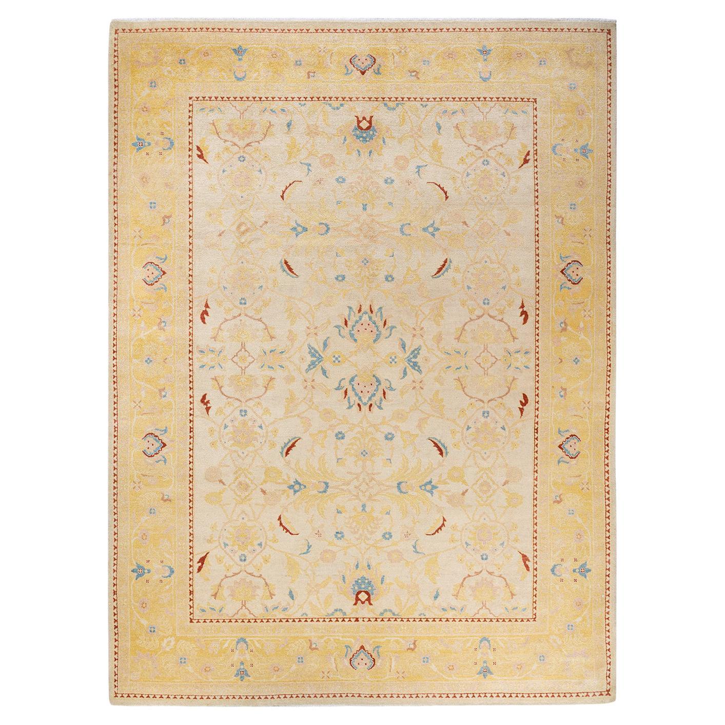 One-Of-A-Kind Hand Made Contemporary Eclectic Ivory Area Rug  For Sale