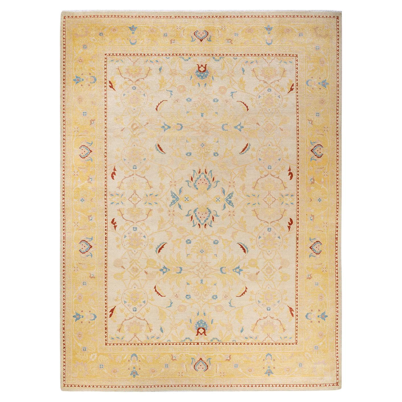 One-Of-A-Kind Hand Made Contemporary Eclectic Ivory Area Rug