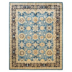 Tapis contemporain bleu clair éclectique fait à la main, unique en son genre