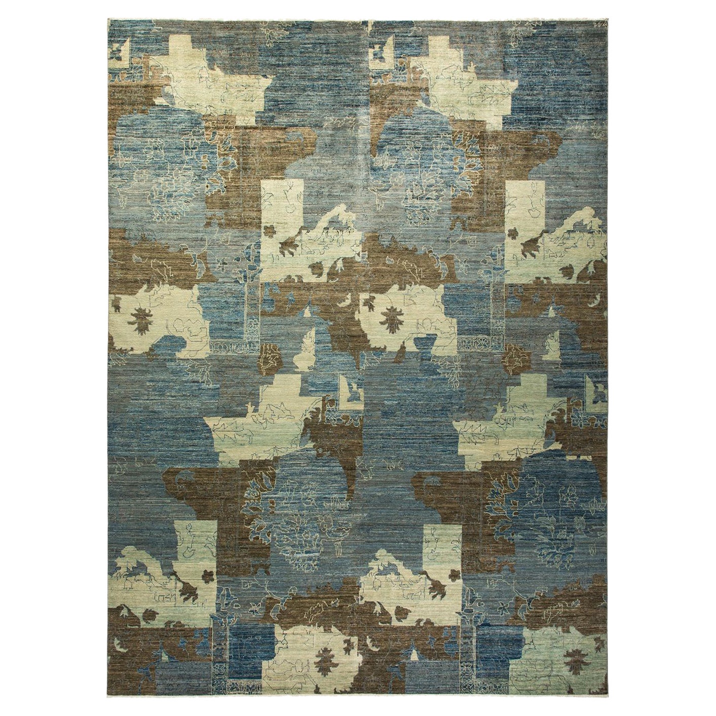 Tappeto contemporaneo eclettico azzurro unico nel suo genere, realizzato a mano