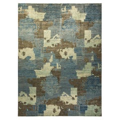 Tapis contemporain unique en son genre bleu clair éclectique fait à la main