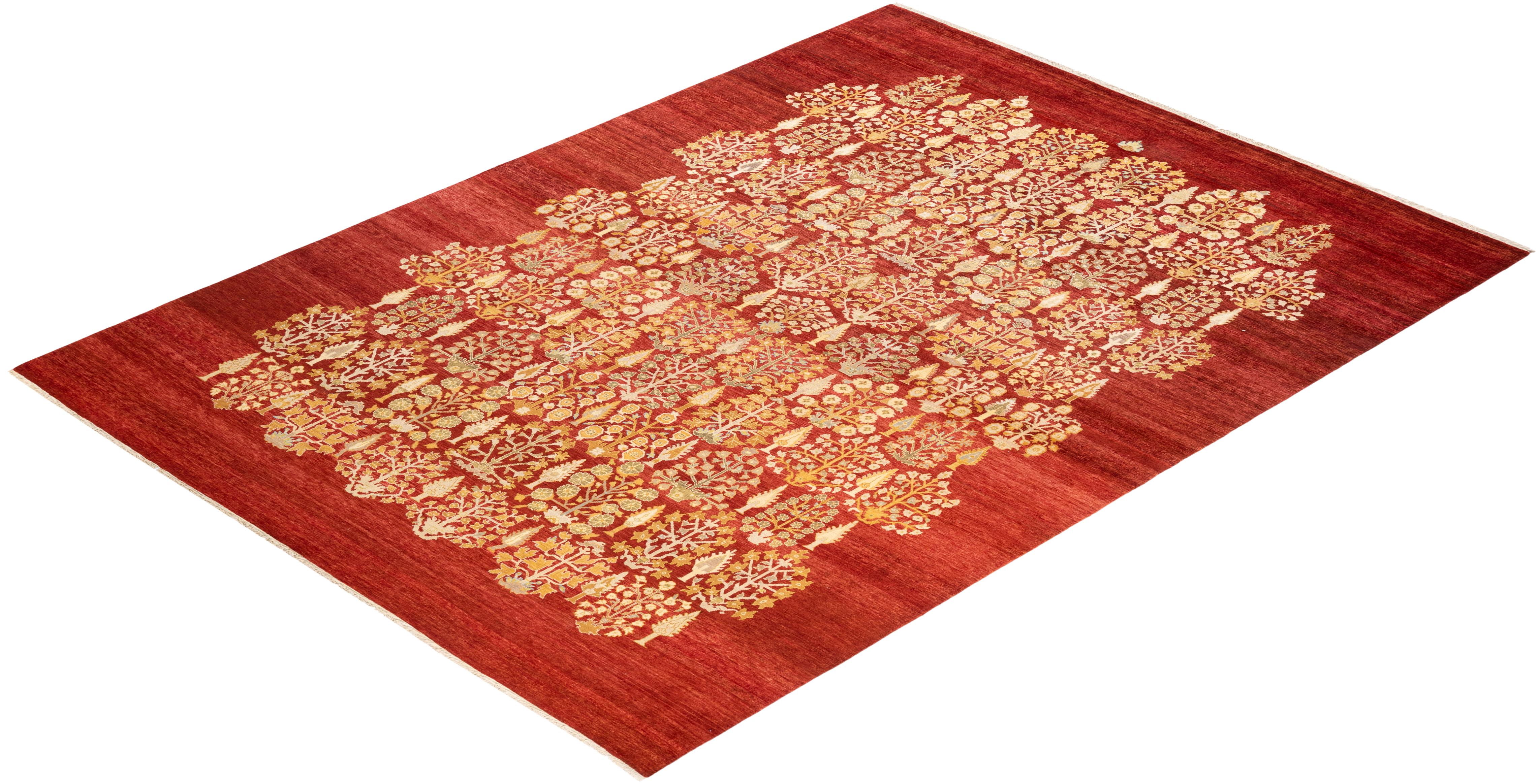 Pakistani One-Of-A-Kind Hand Made Contemporary Eclectic Orange Area Rug For Sale