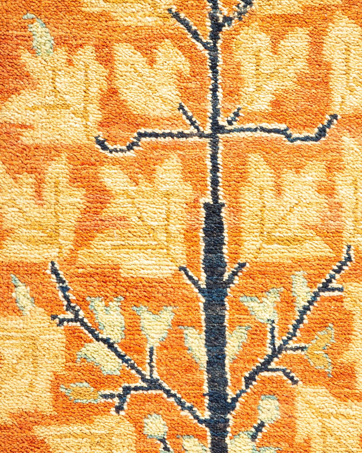 Wool One-Of-A-Kind Hand Made Contemporary Eclectic Orange Area Rug