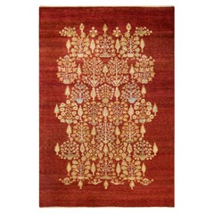 Tapis rouge contemporain éclectique fait à la main, unique en son genre