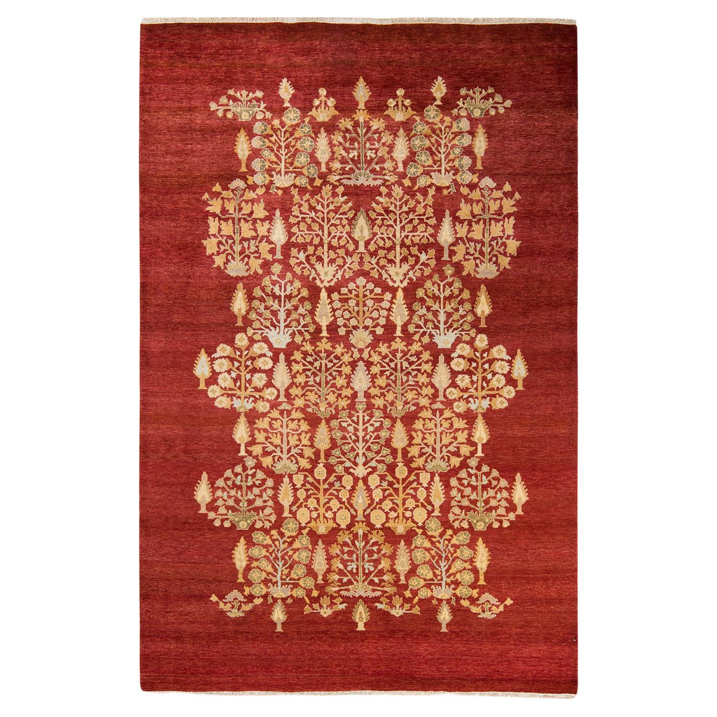 Tapis rouge contemporain éclectique fait à la main, unique en son genre