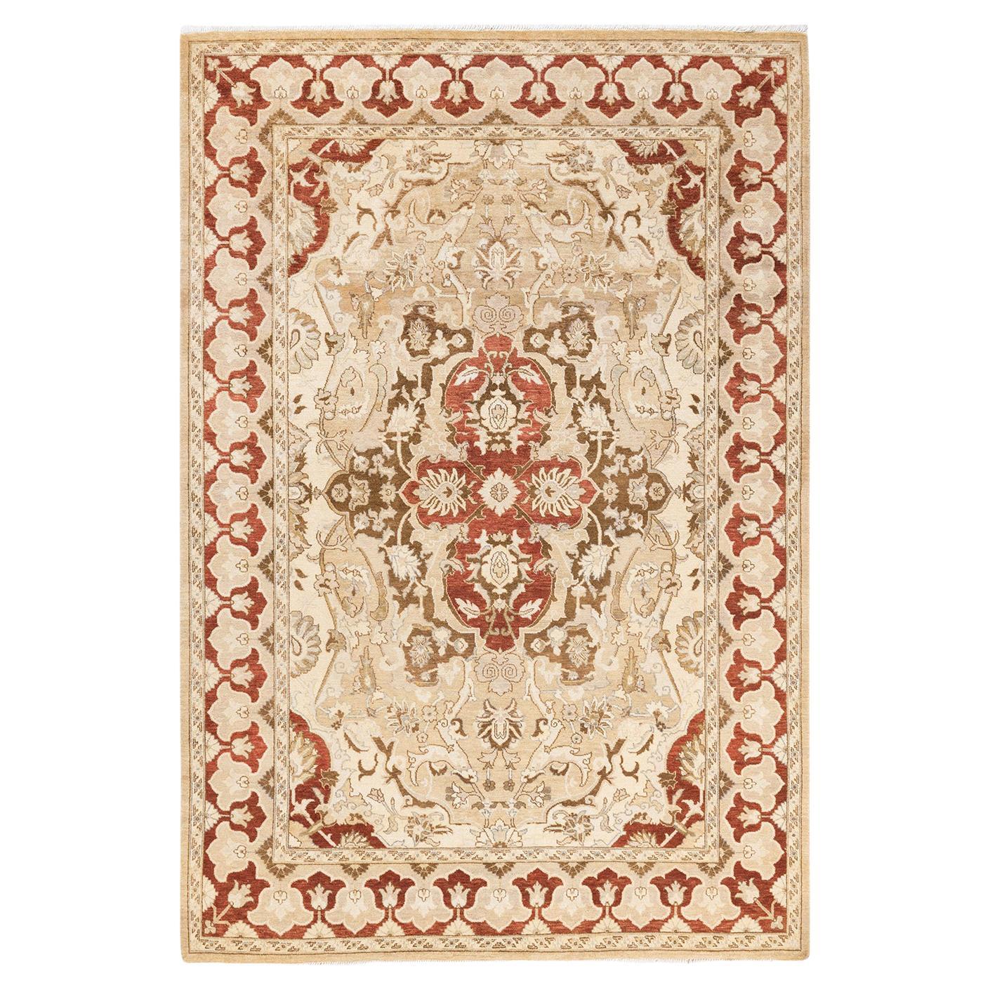 Tapis jaune contemporain éclectique fait à la main unique en son genre