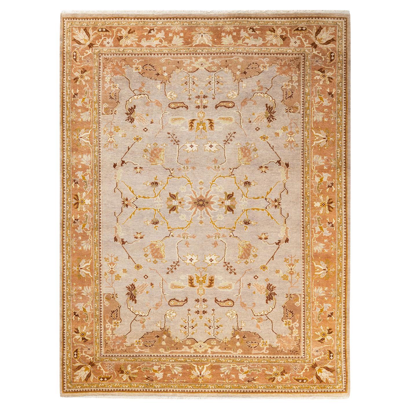 Tapis jaune contemporain éclectique fait à la main unique en son genre