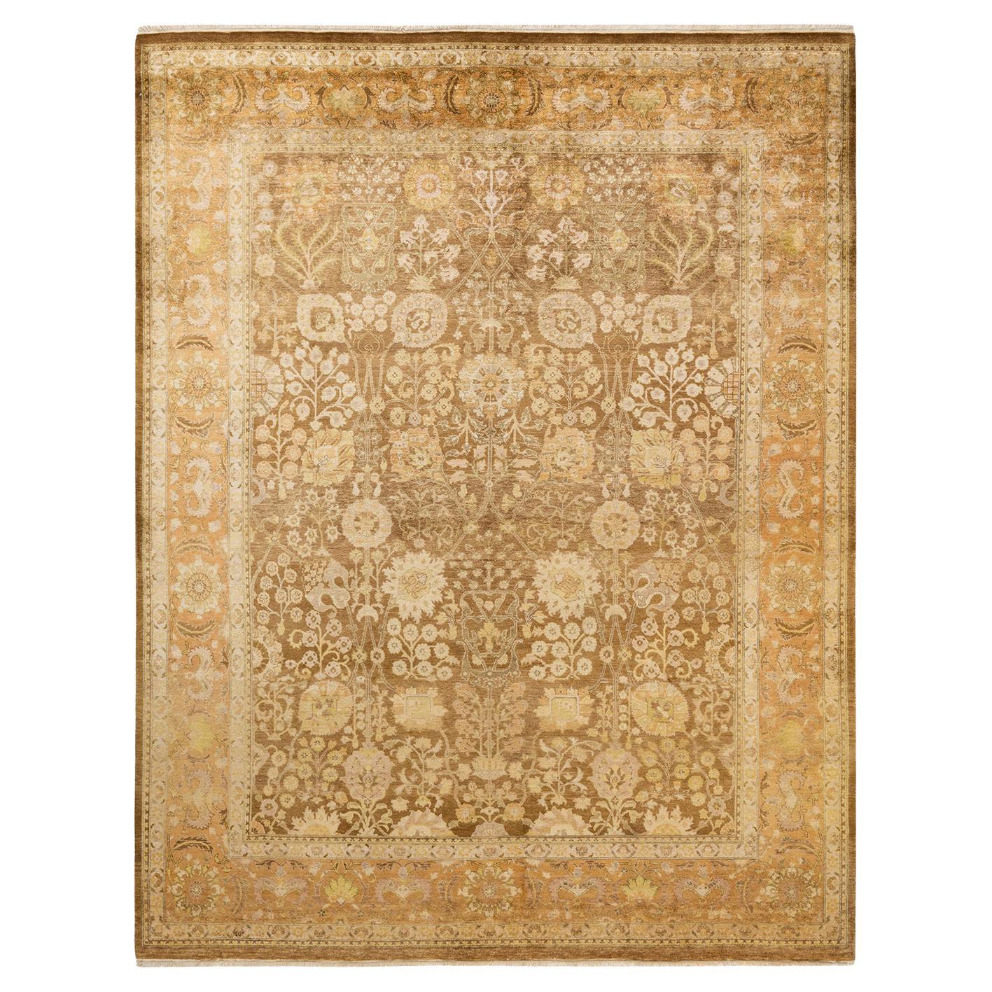 Tapis jaune contemporain éclectique fait à la main, unique en son genre