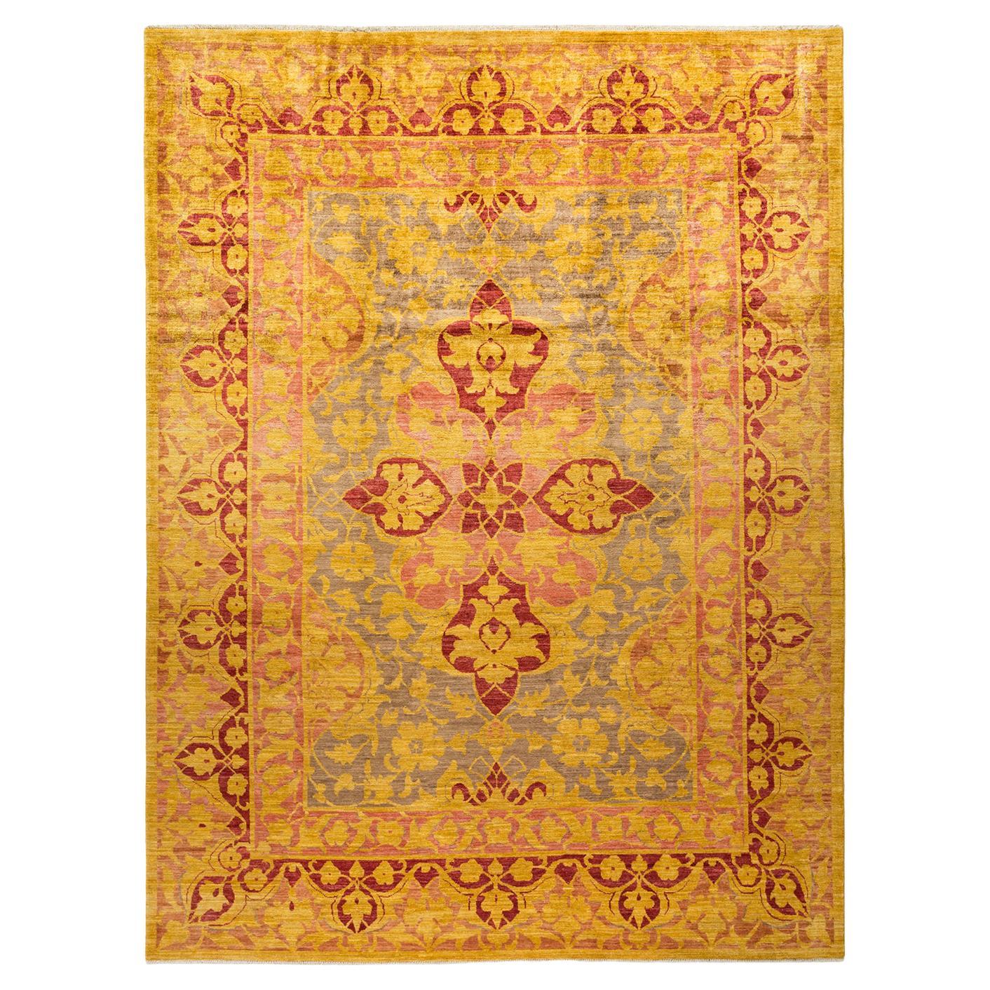 One-Of-A-Kind Hand Made Contemporary Eclectic Yellow Area Rug For Sale