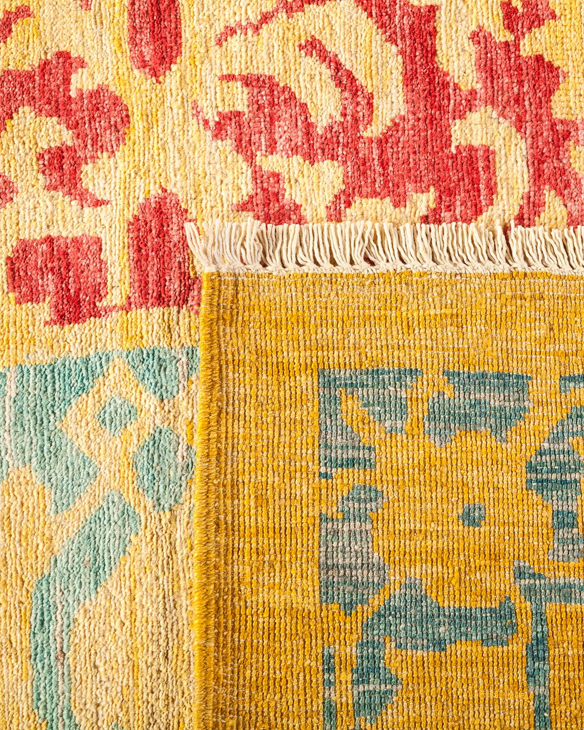 Hand-Knotted One-Of-A-Kind Hand Made Contemporary Eclectic Yellow Area Rug For Sale
