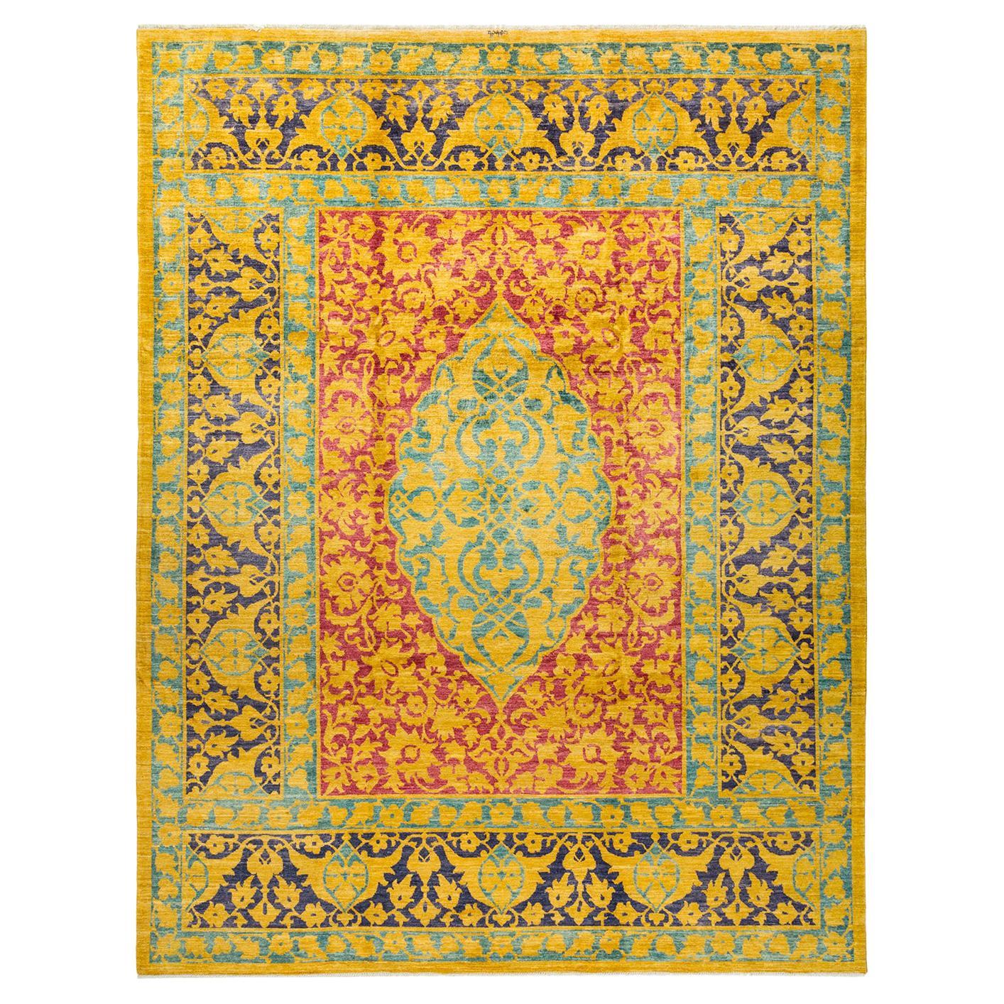 One-Of-A-Kind Hand Made Contemporary Eclectic Yellow Area Rug For Sale