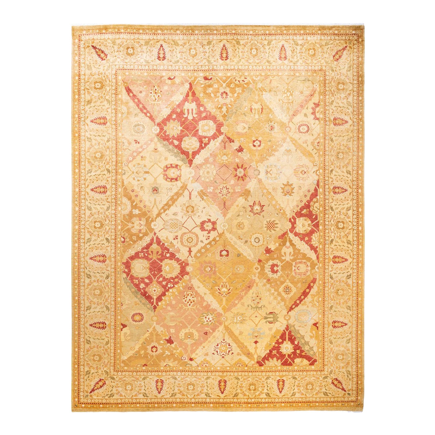 Tapis jaune contemporain éclectique fait à la main, unique en son genre