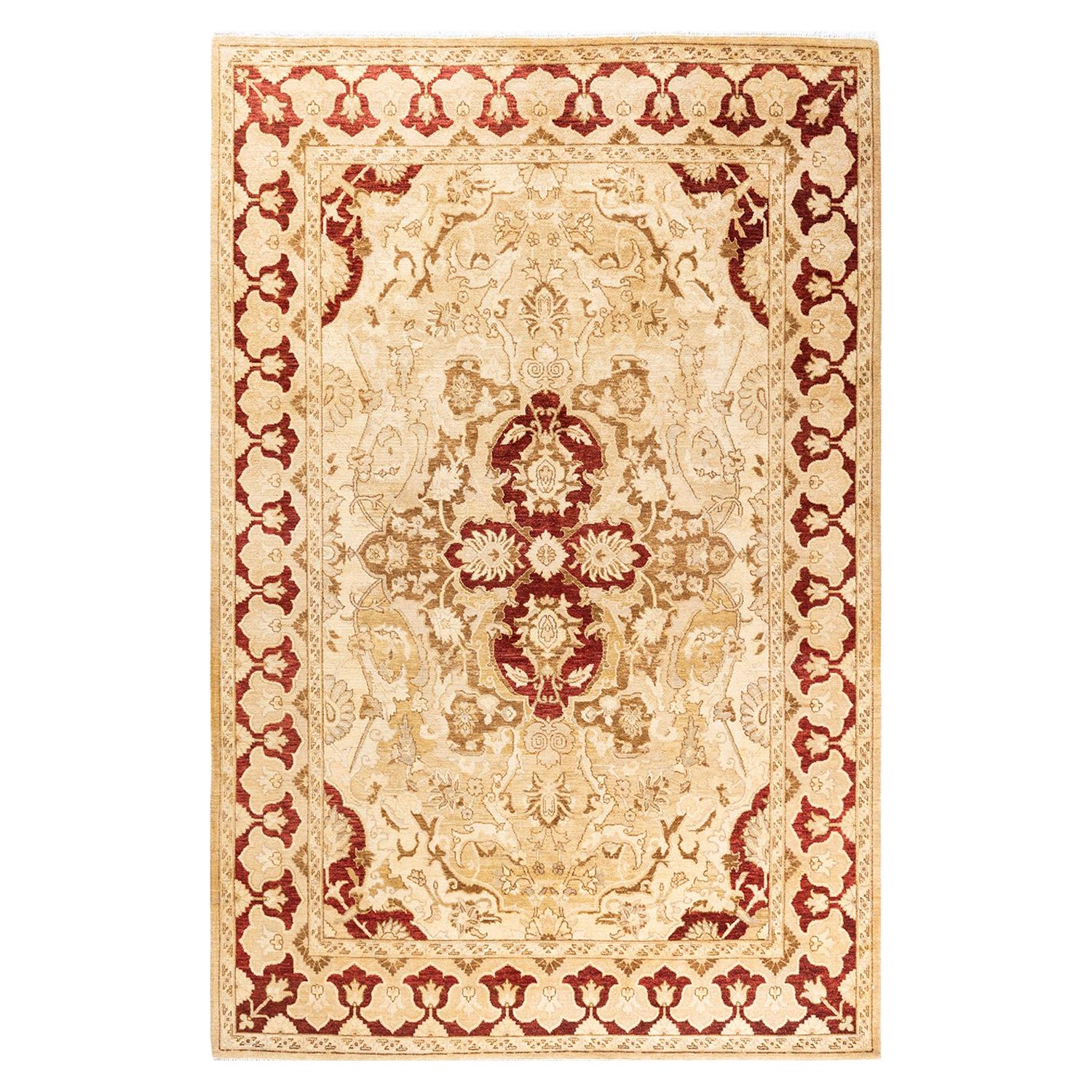 Tapis jaune contemporain éclectique fait à la main, unique en son genre