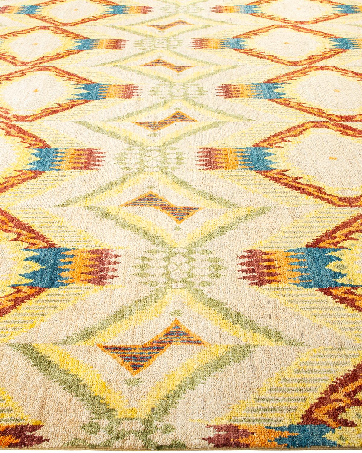 Noué à la main Tapis jaune moderne contemporain fait à la main unique en son genre en vente