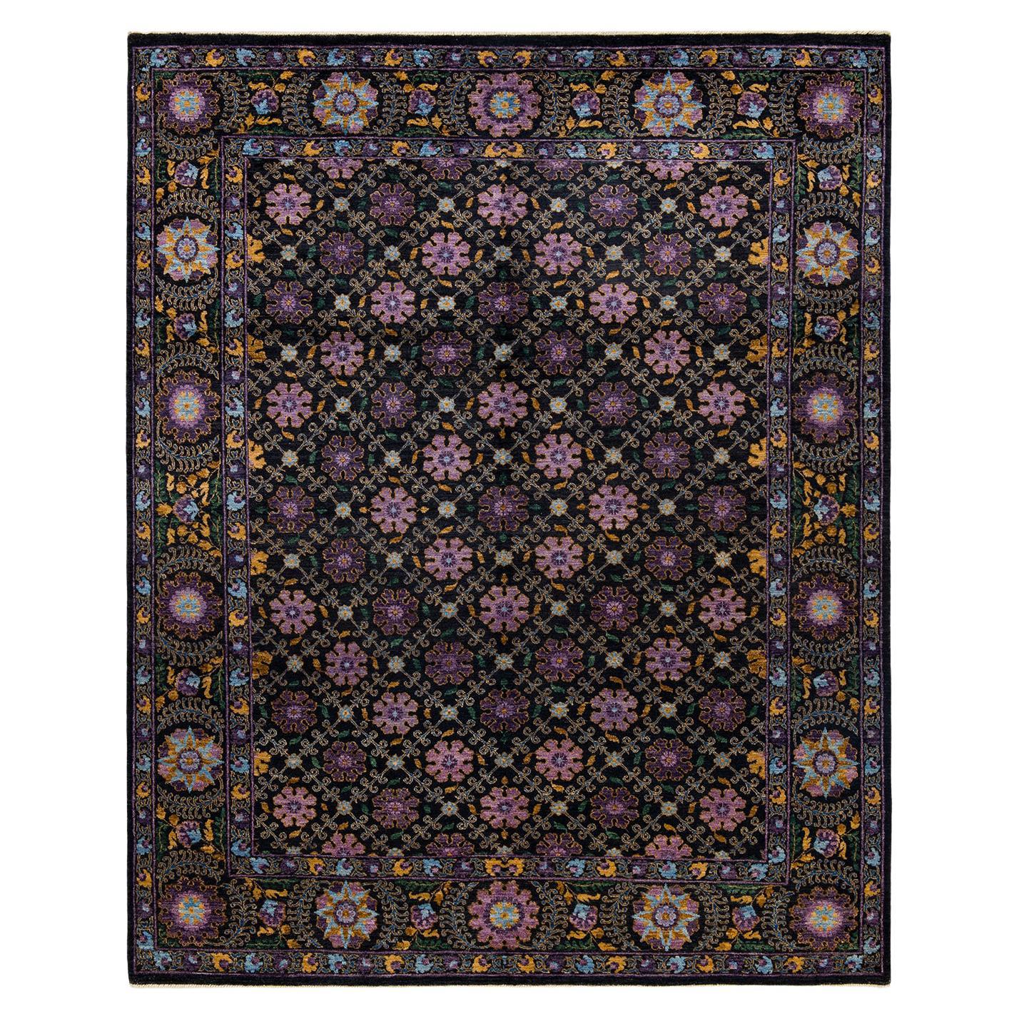 One-Of-A-Kind Hand Made Contemporary Suzani Black Area Rug For Sale