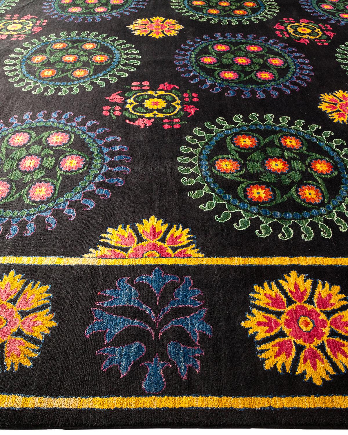 One-of-a-Kind Hand Made Contemporary Suzani Black Area Rug In New Condition For Sale In Norwalk, CT