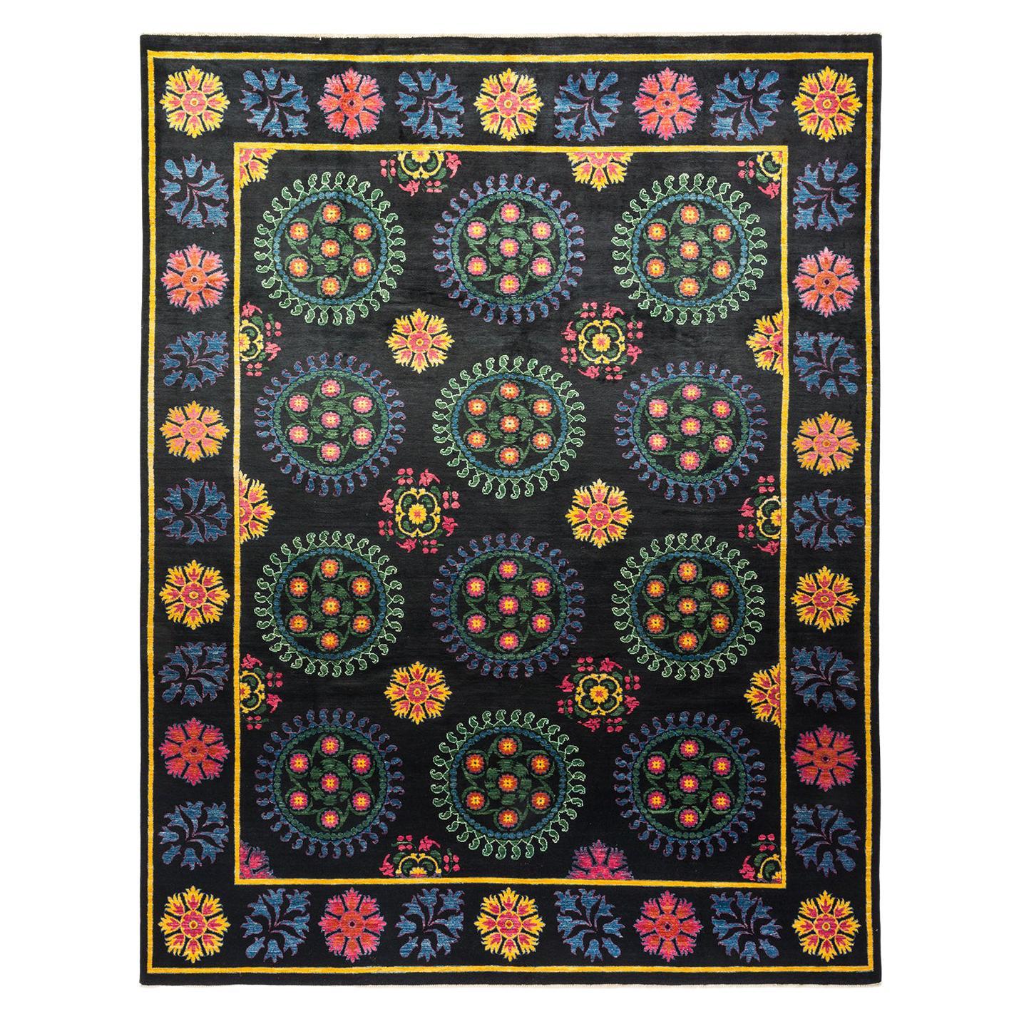 One-of-a-Kind Hand Made Contemporary Suzani Black Area Rug For Sale