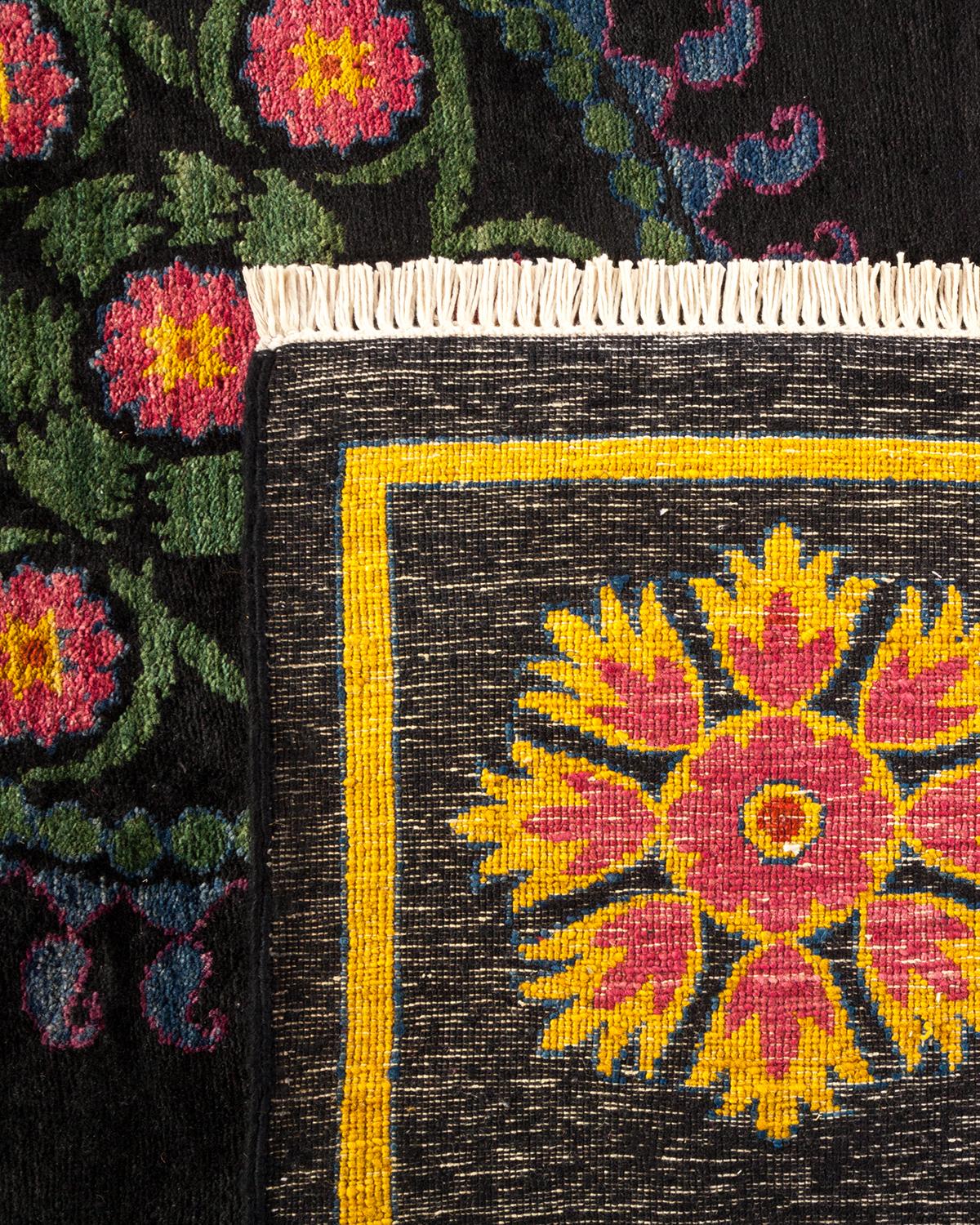 Hand-Knotted One-of-a-kind Hand Made Contemporary Suzani Black Area Rug For Sale