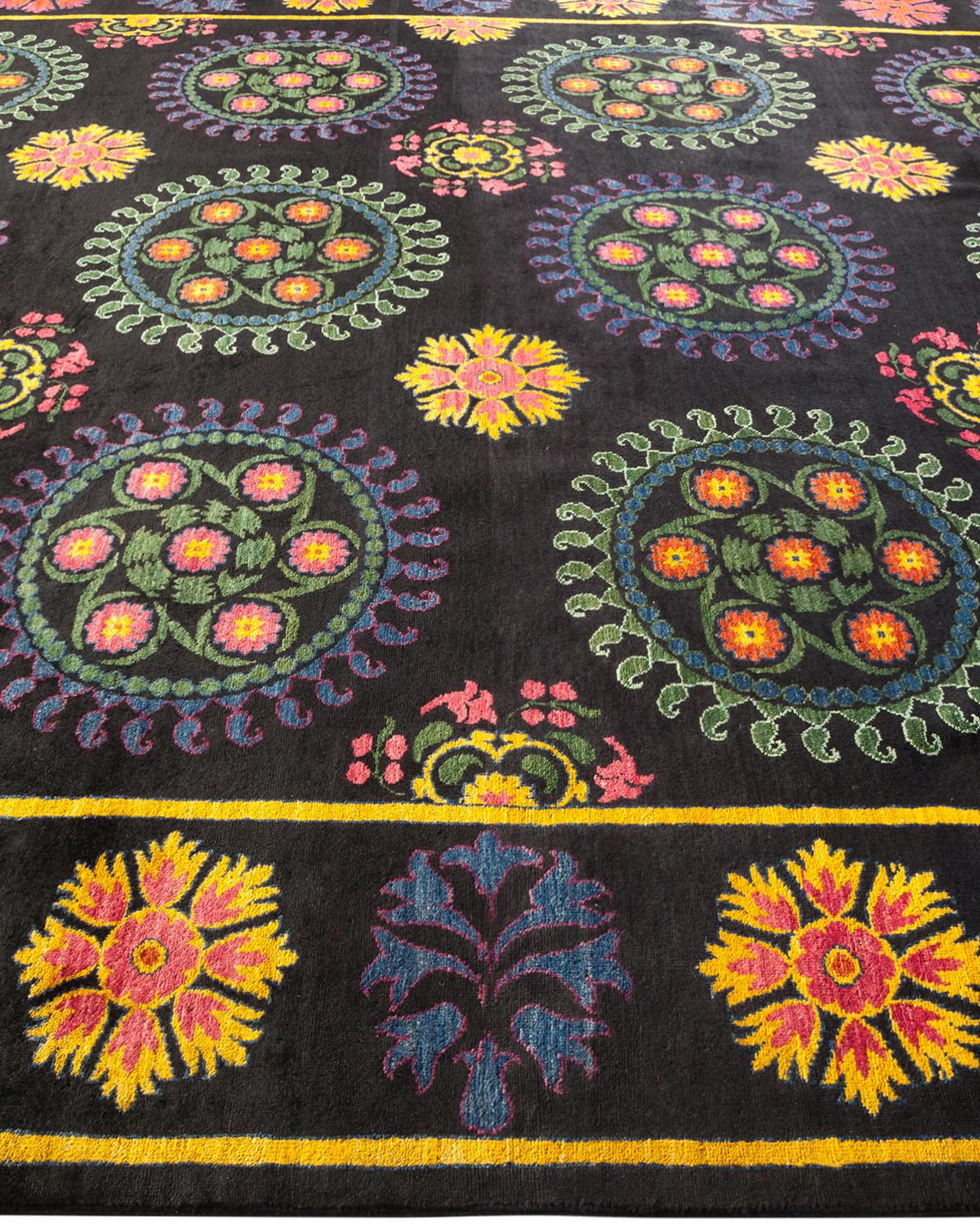 One-of-a-kind Hand Made Contemporary Suzani Black Area Rug In New Condition For Sale In Norwalk, CT