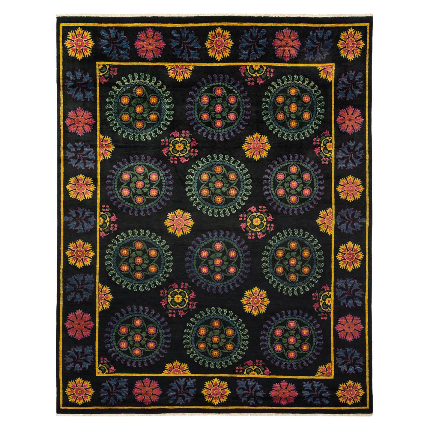 One-of-a-kind Hand Made Contemporary Suzani Black Area Rug