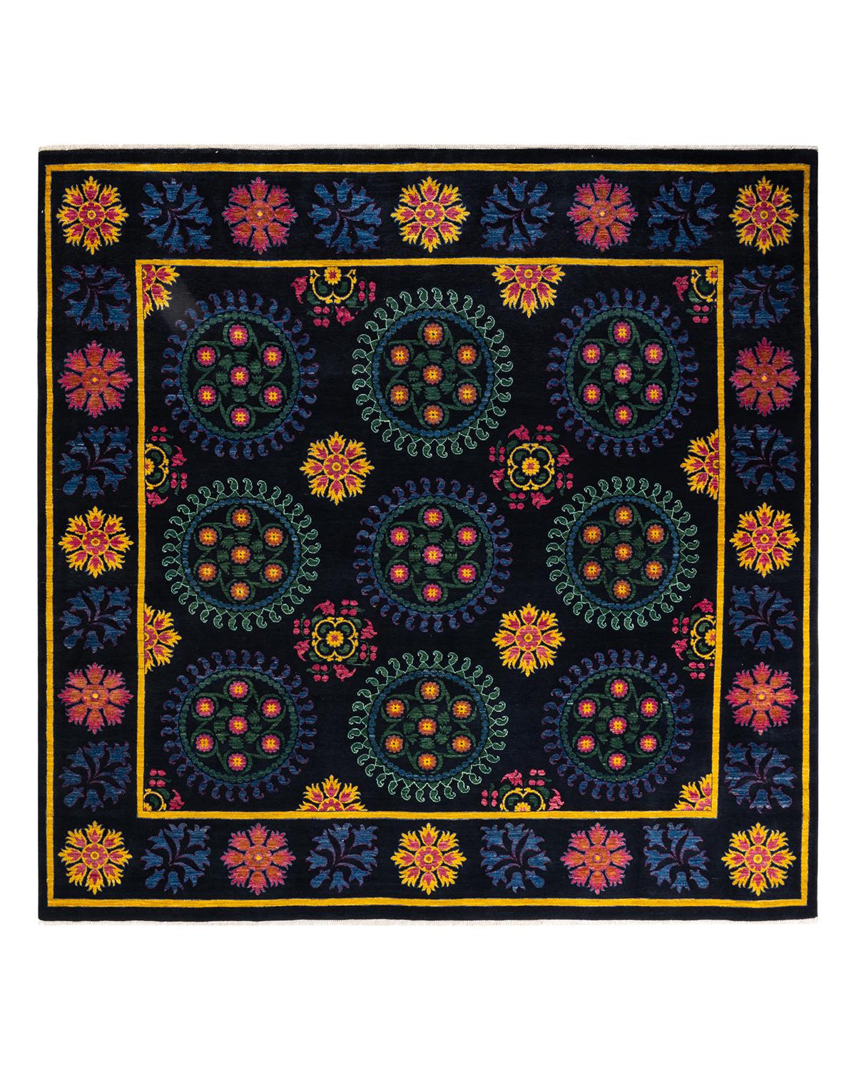 Other One-Of-A-Kind Hand Made Contemporary Suzani Black Area Rug For Sale