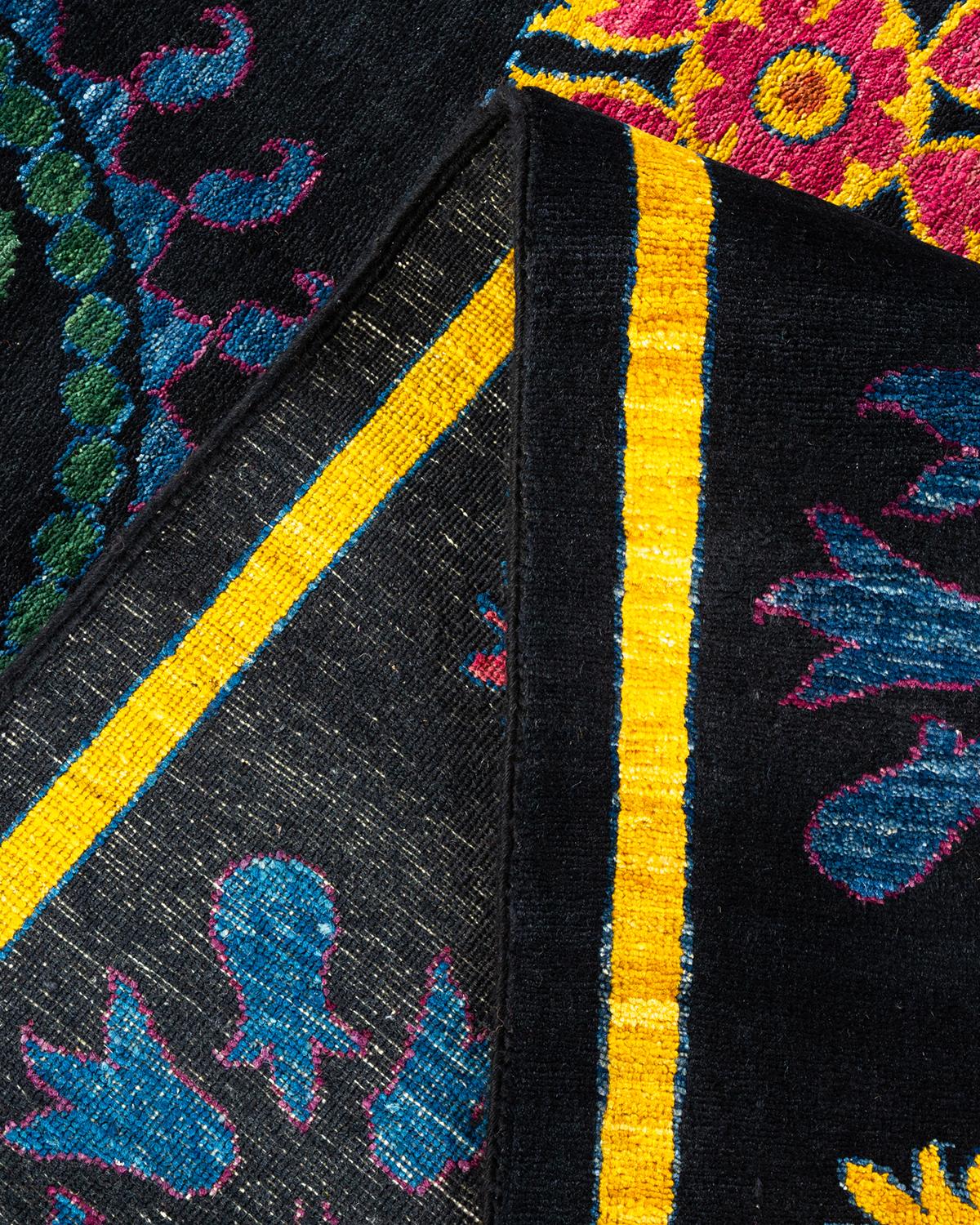 Hand-Knotted One-Of-A-Kind Hand Made Contemporary Suzani Black Area Rug For Sale