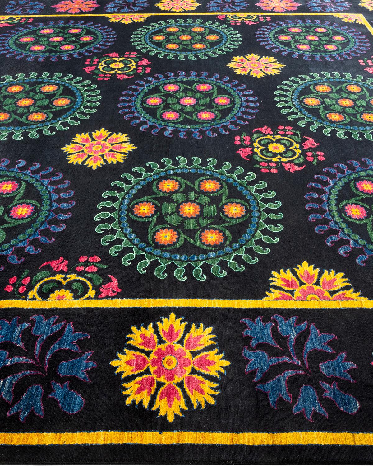 Wool One-Of-A-Kind Hand Made Contemporary Suzani Black Area Rug For Sale