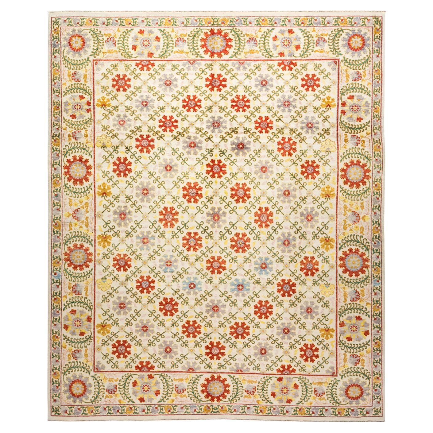 OneofaKind Hand Made Contemporary Suzani Ivory Area Rug For Sale at