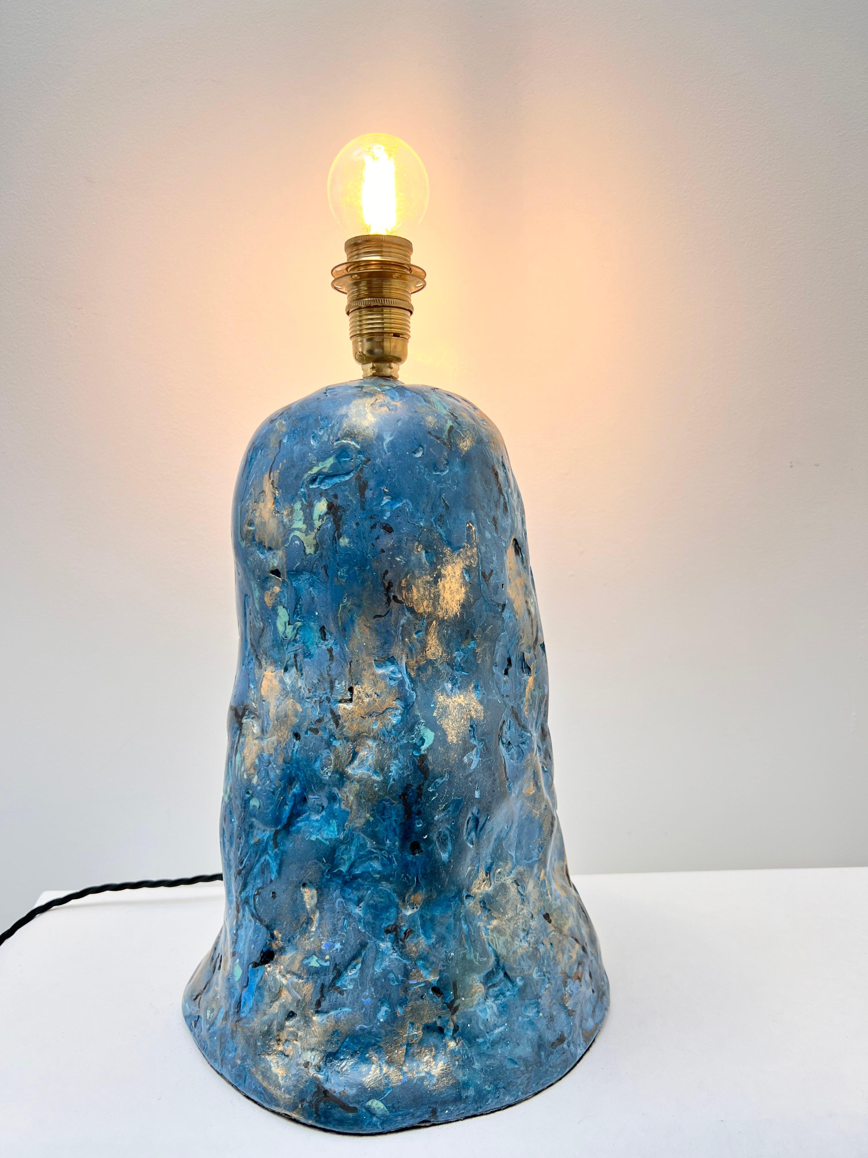 A one of a kind sculptural column table lamp hand crafted in pigmented Scagliola - a painstaking process  of crafting made stone in marbleised form. This technique entails multiple stages of repetitive sanding, filling and polishing, resulting in a