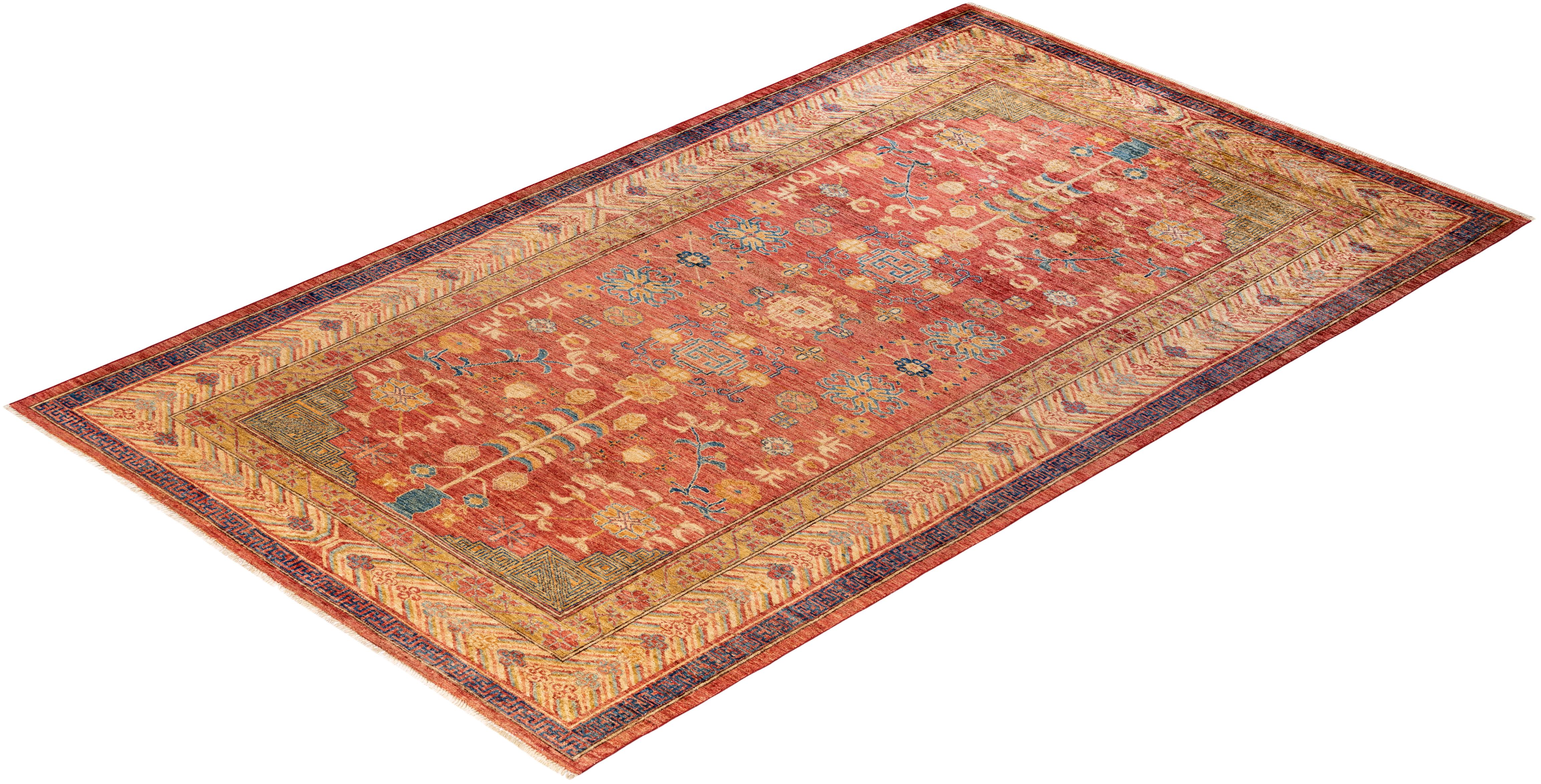 The city of Khotan was a key trading post along the Silk Road, and the rugs woven there for centuries incorporated Chinese, Persian, and Western influences. Hand-knotted of soft, durable wool, this collection pays tribute to the original inventive