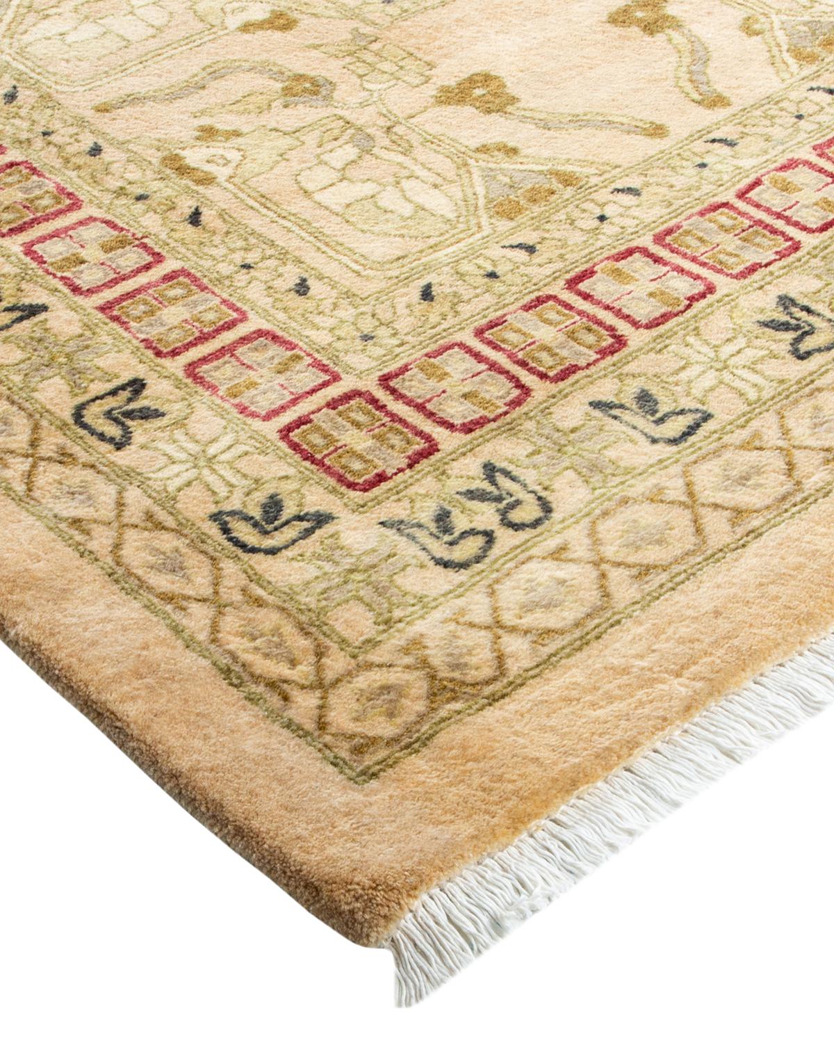 Wool One-Of-A-Kind Hand Made Traditional Mogul Beige Area Rug For Sale