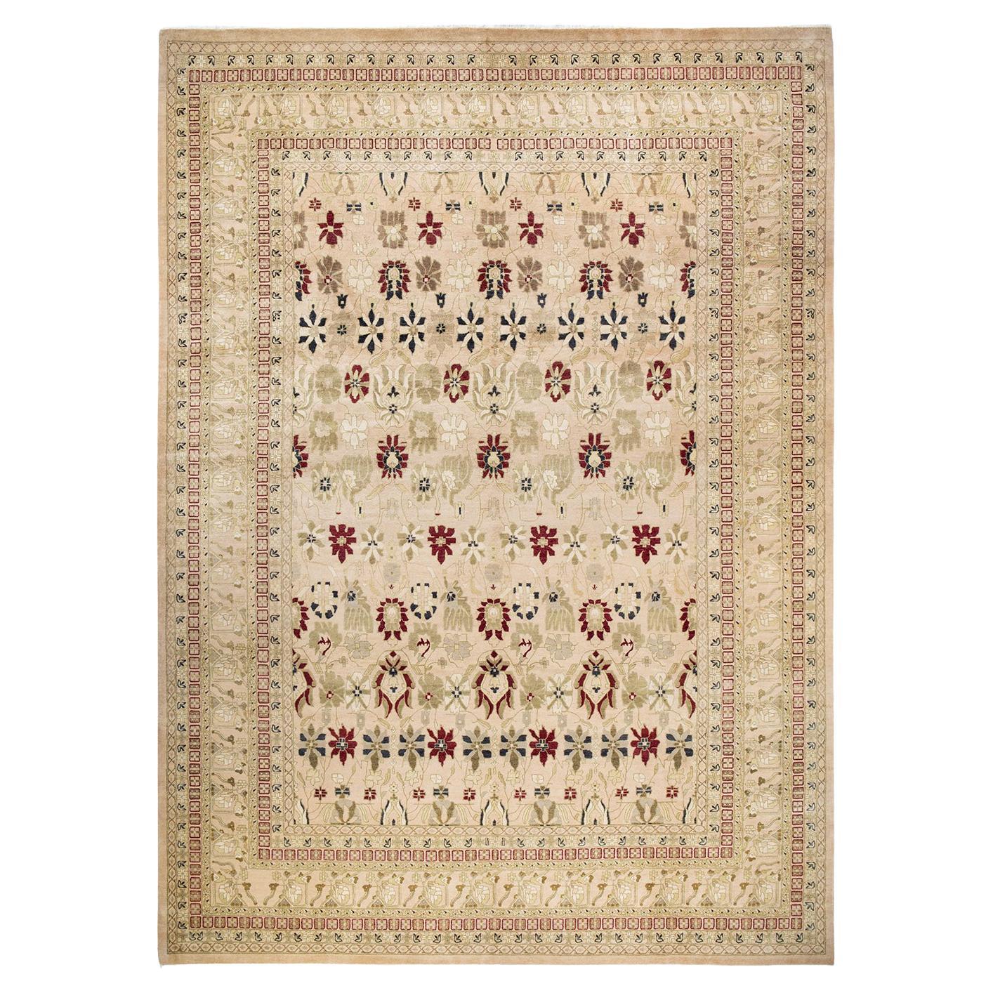 Handgefertigter, traditioneller Mogul-Beige-Teppich, Unikat