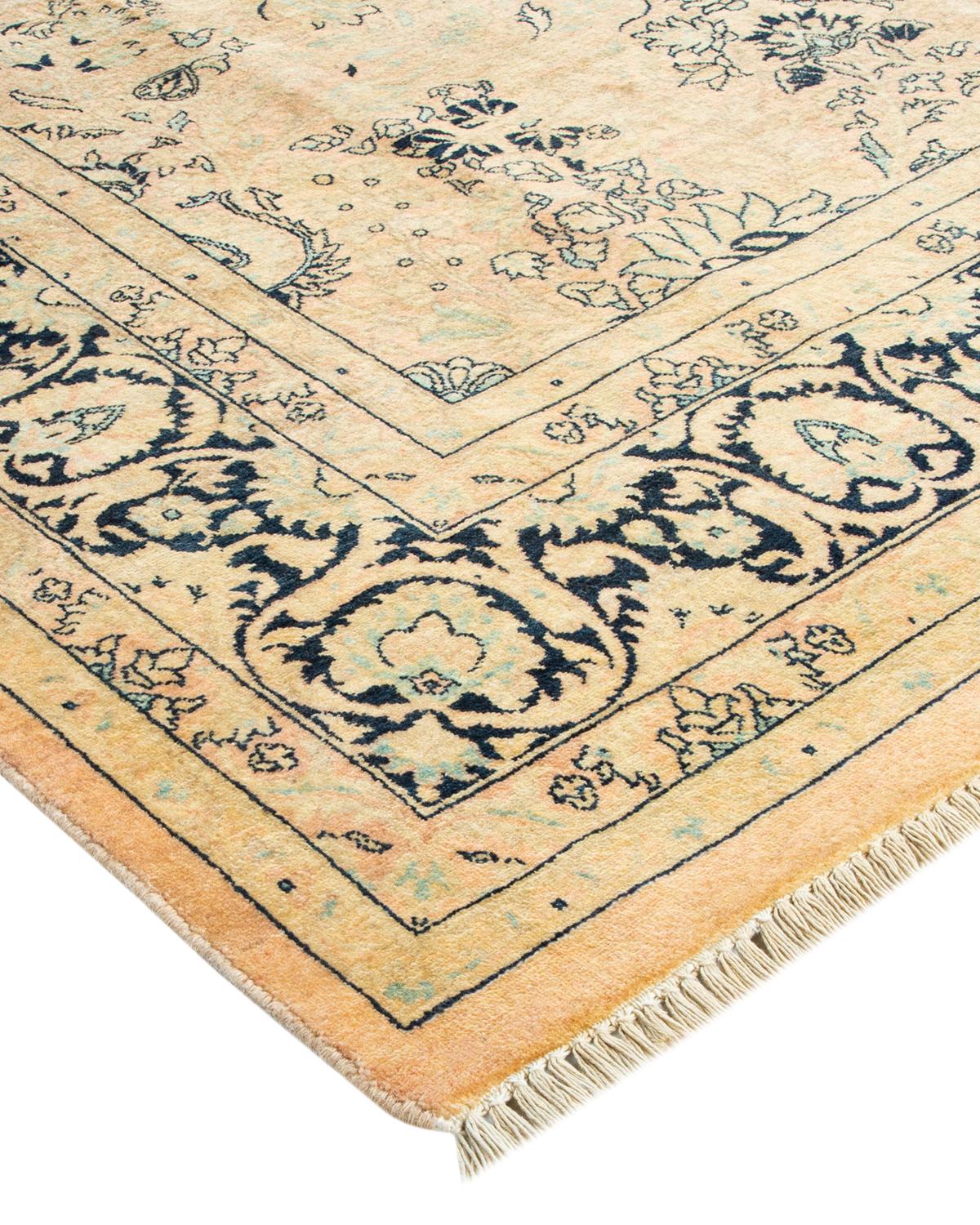 Wool One-Of-A-Kind Hand Made Traditional Mogul Beige Area Rug For Sale